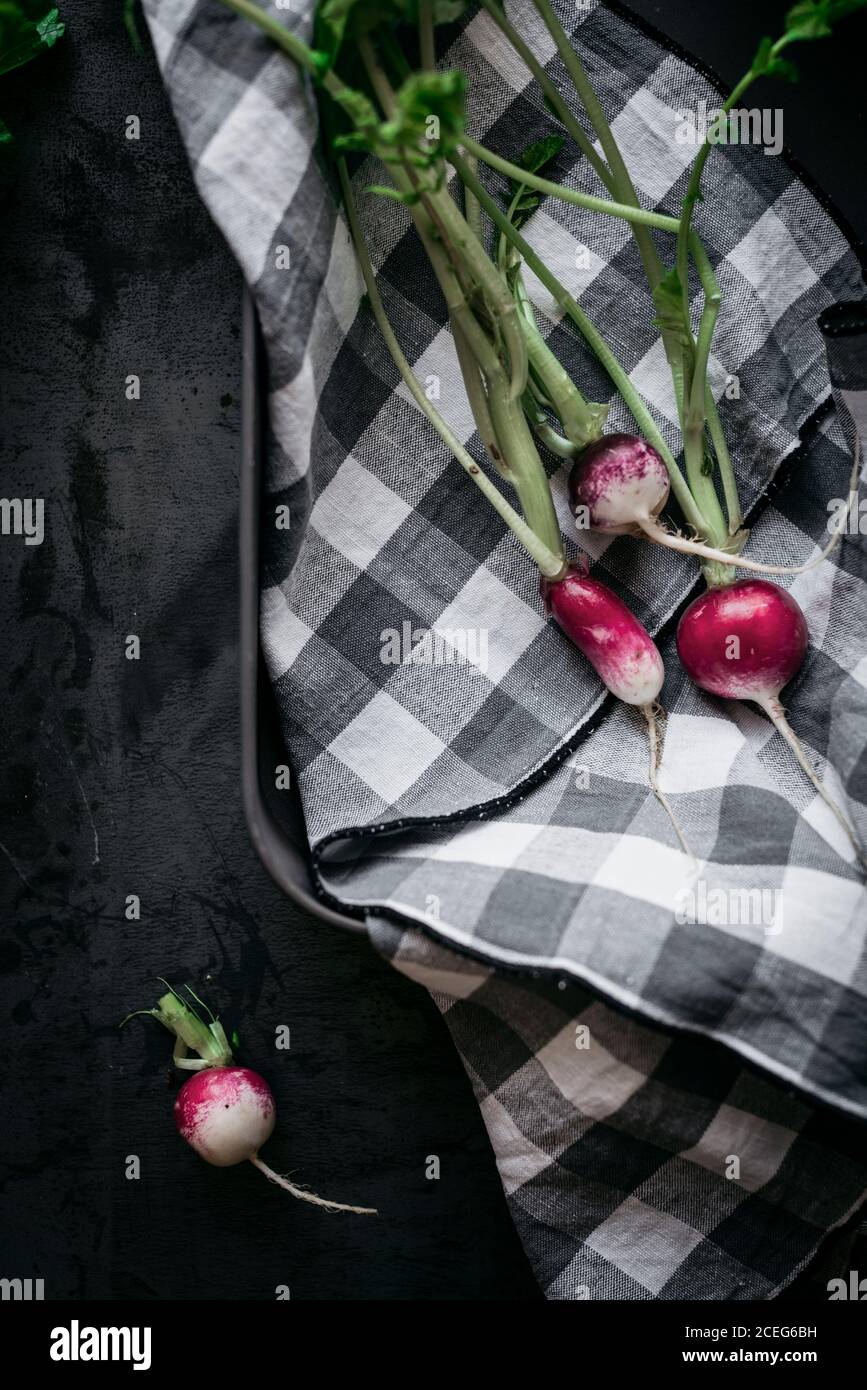 Few red radishes on towel Stock Photo