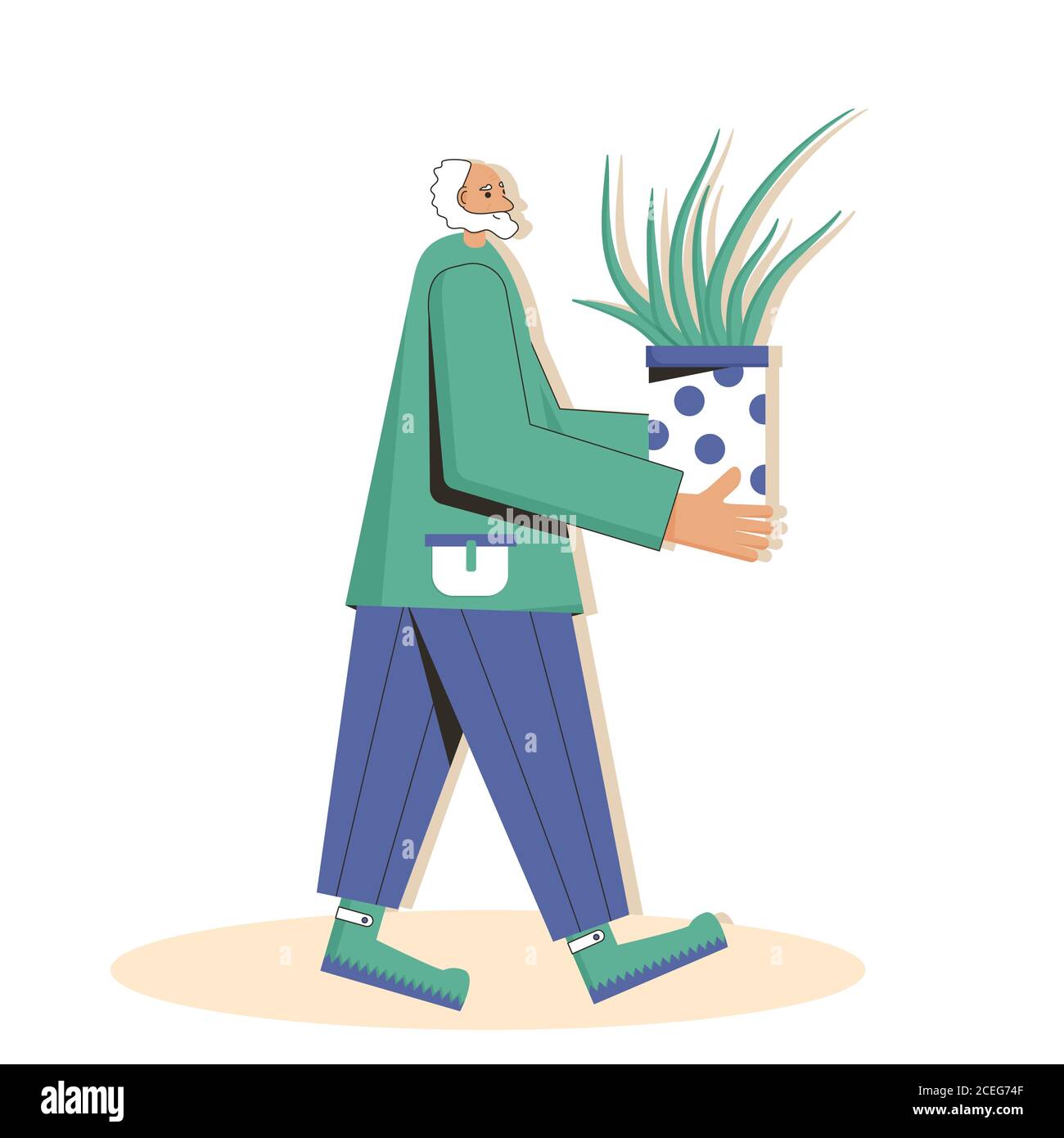 Indoor plants lover. Mature male person wearing in casual clothes holding in hands potted flowers. Senior man with houseplants. Vector color flat illu Stock Vector
