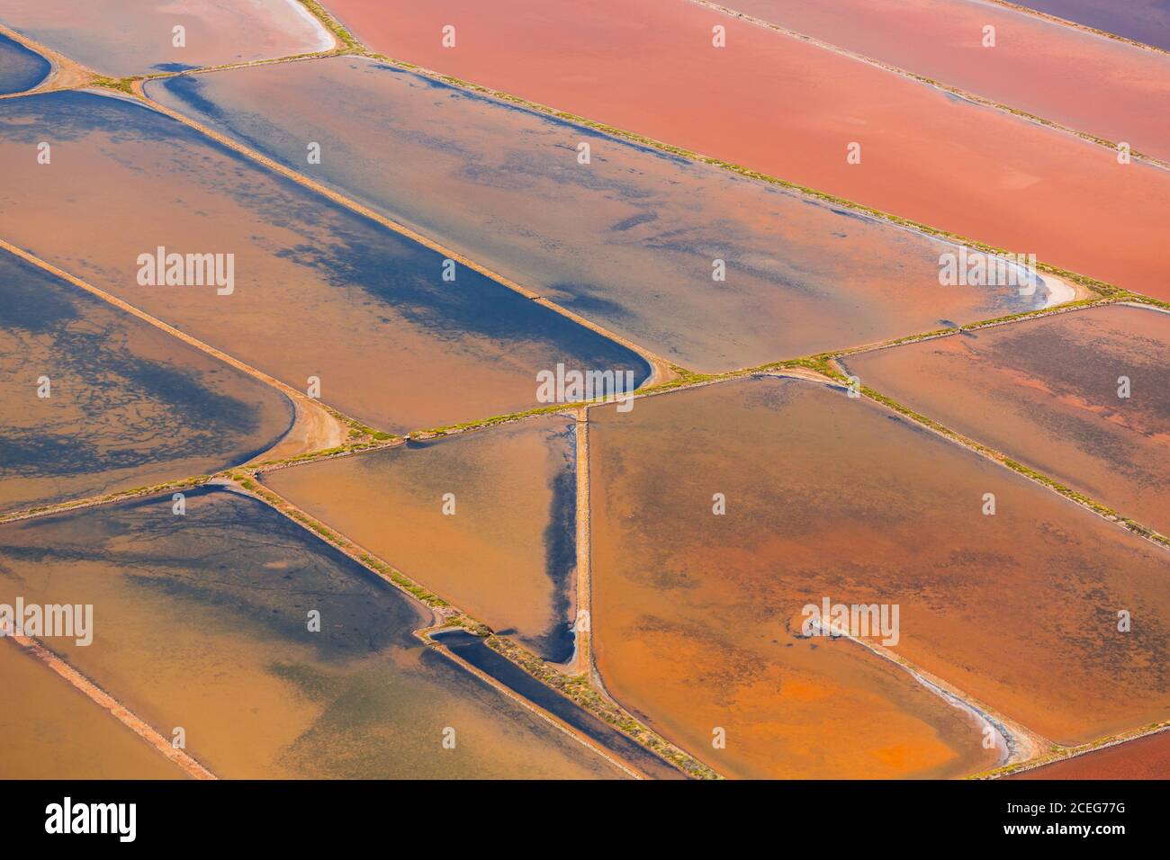 Picturesque aerial view of orange fields and marsh in countryside. Stock Photo