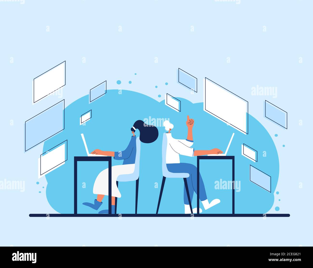 Characters working on computer together. Persons using laptop ...