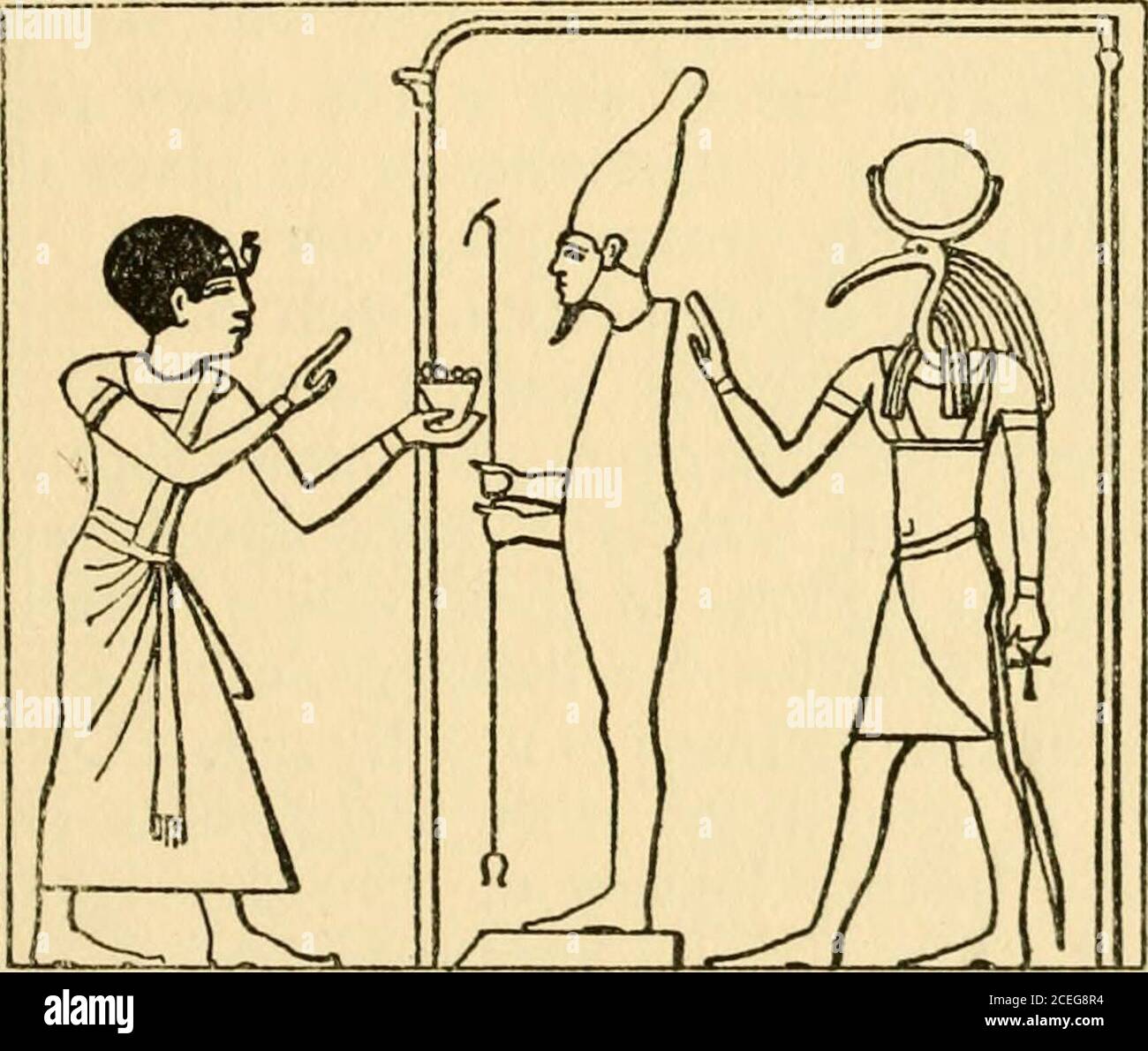 . Osiris and the Egyptian resurrection;. Seti I offering a breastplate and pectoral to Osiris.Marietta, Abydos, Vol. I, p. 51.. Seti I offering fruit to Osiris, behind whom stands Thoth.Mariette, Abydos, Vol. I, p. 74. them would provide the dead with everything theyrequired. These gods were in the Other World, andthe dead were there with them and under their rule and care. In some cases the Egyptians adopted another plan. 266 Osiris and the Egyptian Resurrection They prayed to the gods that offerings might be givento the dead, and they also entreated every visitorto a tomb to do Hkewise ; as Stock Photo
