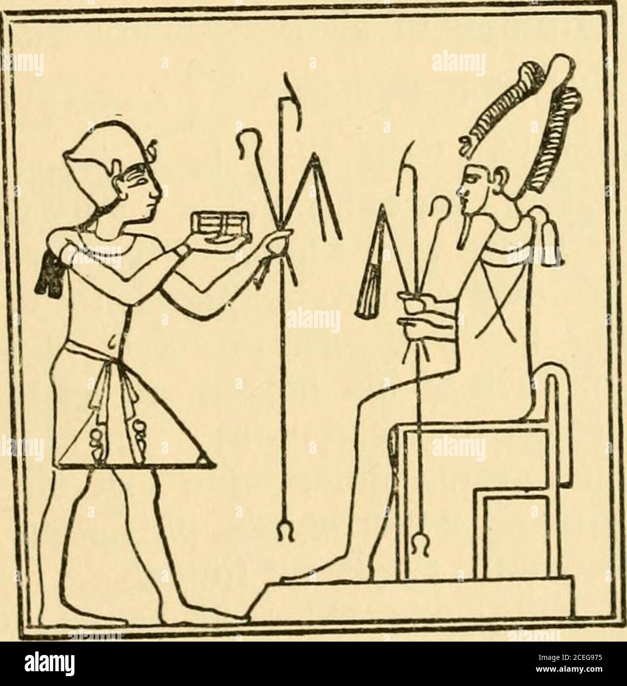 . Osiris and the Egyptian resurrection;. Seti I offering raiment to Osiris.Mariette, Abydos, Vol. I, p. 5°-. Seti I offering sceptres, etc., to Osiris.Mariette, Abydos, Vol. I, p. 48. Other words, his offerings went before him to the OtherWorld and awaited him there ;^ the offerings which hemade to the gods also were as treasure laid up inheaven, and there became his own again, according to1 See the Book Am-Tuat, Second Division. 264 Osiris and the Egyptian Resurrection some texts. As the offerings made to the gods broughtthe spirits of the gods to their statues to hold conversewith the king a Stock Photo
