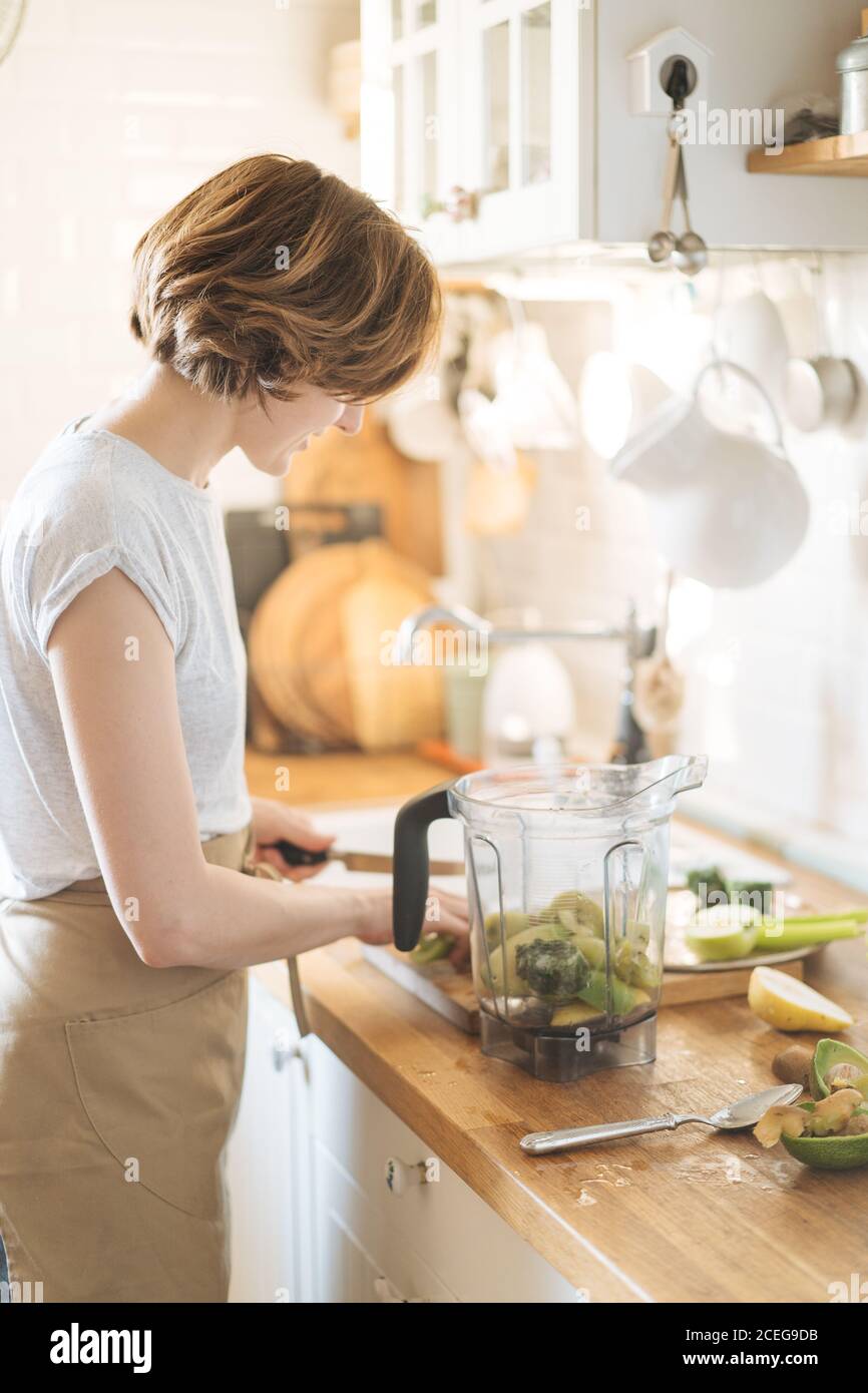 Crop side view of Woman peeling kiwi half with spoon and mixing with other  fruit in blender bowl for green smoothie Stock Photo - Alamy