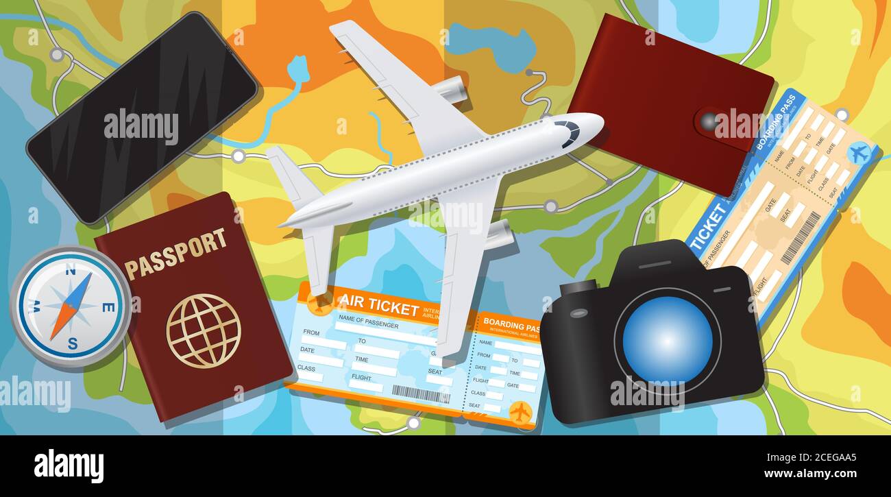 Tourist stuff and airplane over map background Stock Vector