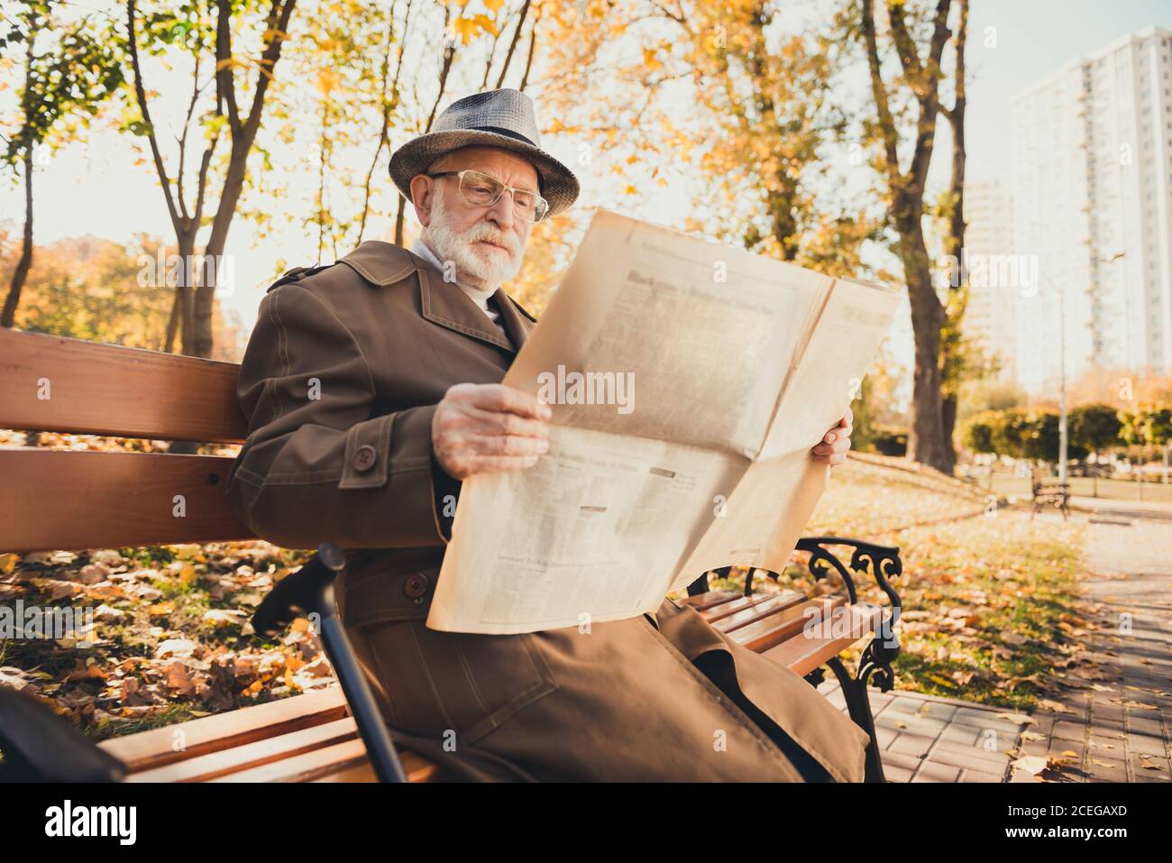 Photo of concentrated old man rest relax fall town center park sit bench read magazine check current news wear long outerwear Stock Photo