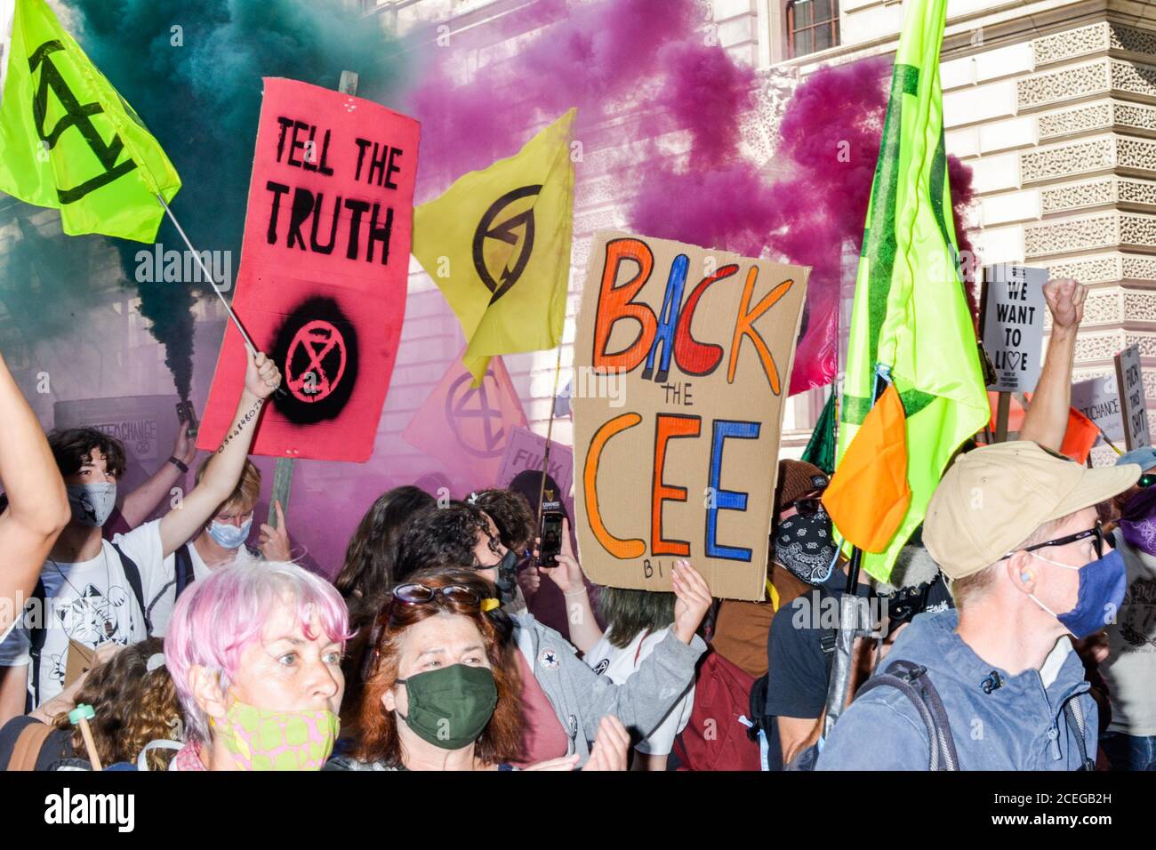 Thousands of Extinction Rebellion protesters converge upon Parliament Square in central London blocking roads in and out of the area demanding the government listen to their demand for a citizen's assembly to tackle climate change. Stock Photo