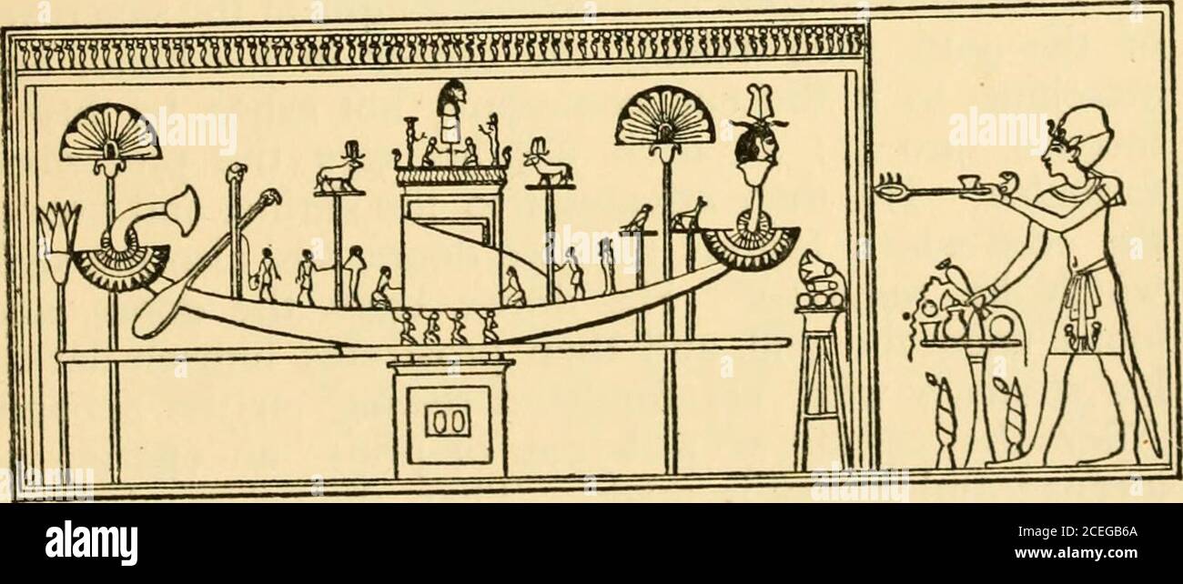 . Osiris and the Egyptian resurrection;. Osiris seated in his shrine at Abydos. Behind him stand the goddesses Isis, Amentet, and Hathor. Mariette, Abydos, Vol. I, Plate 17.. Seti I offering incense to the Boat of Osiris at Abydos.Mariette, Abydos, Vol. I, p. 63. the temples of the New Empire. The temple havingbeen built, the first matter of importance was the selectionof the place where the statue or spirit emblem of the godwas to be established. It was not consdiered respectful 250 Osiris and the Egyptian Resurrection to the god to set his figure or emblem where it could beseen by everyone a Stock Photo