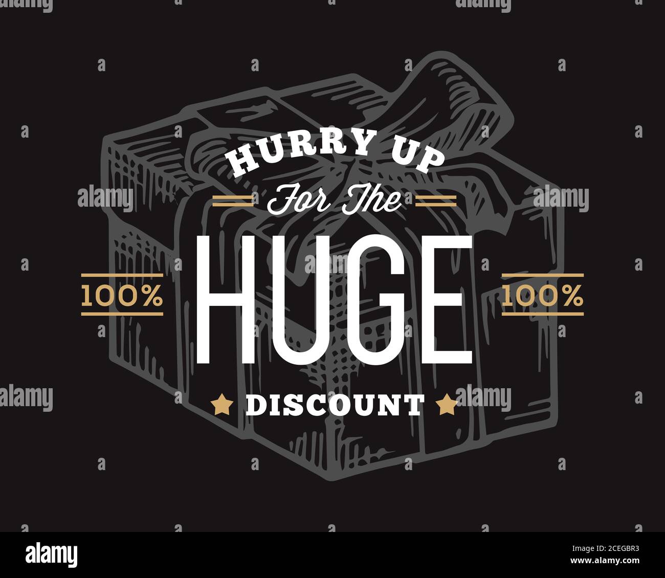 Retro Typography Abstract Vector Huge Discount Sale Sign, Symbol or Logo Template. Special Offer Gift Clearance Emblem. Black Background Stock Vector