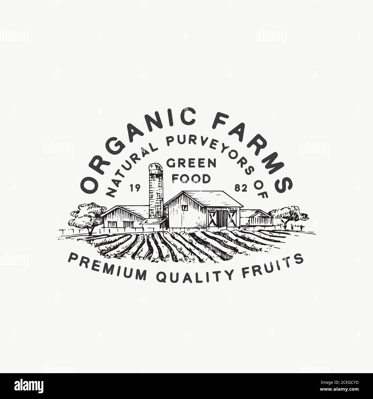 Organic Farms Green Food. Abstract Vector Sign, Symbol or Logo Template. Farm Landscape Drawing Sketch with Retro Typography. Rural Fields and Stock Vector