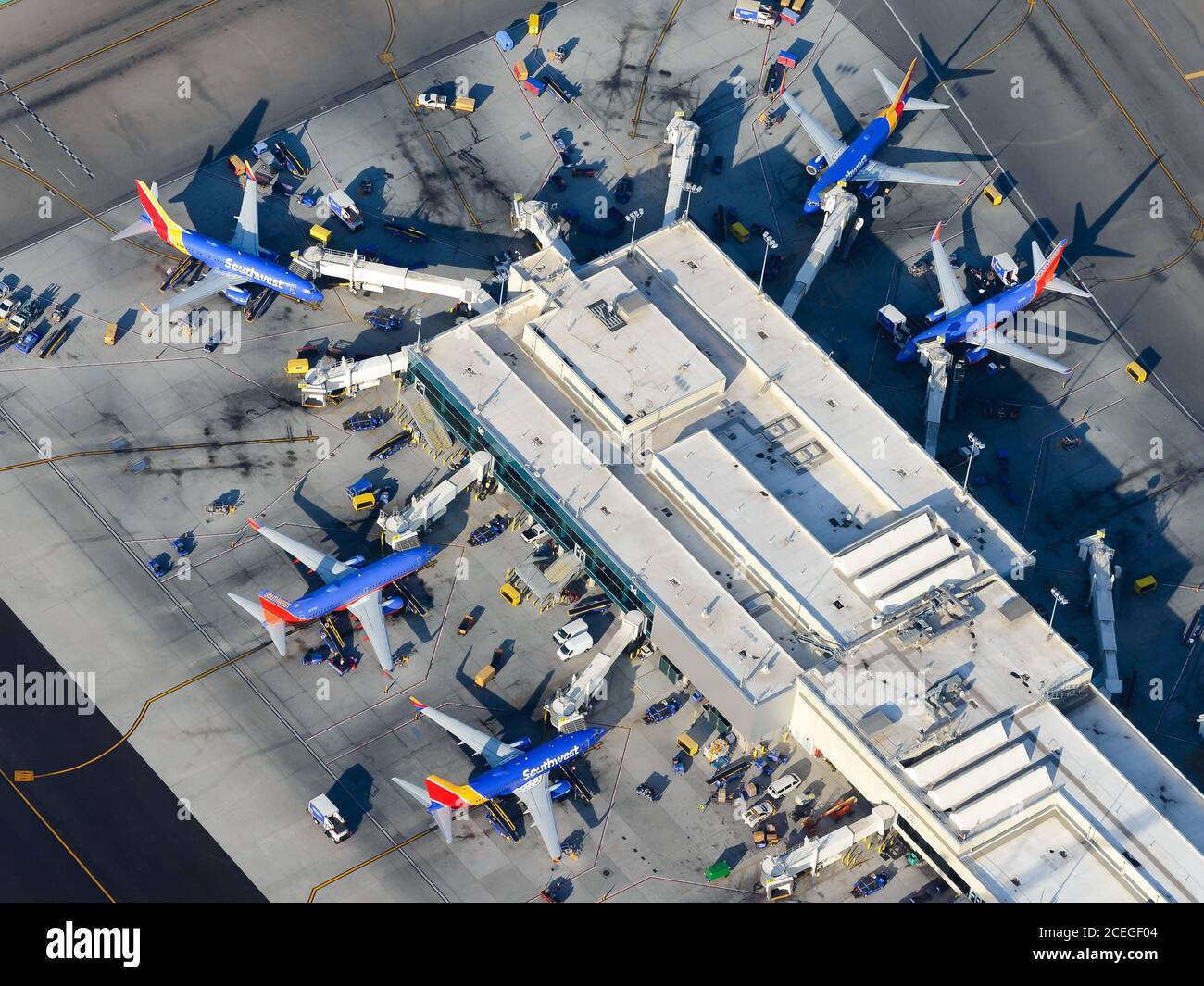 Southwest Airlines Terminal 1 at Los Angeles International Airport, United States. Southwest Airlines Boeing 737 parked at LAX Airport T1. Stock Photo
