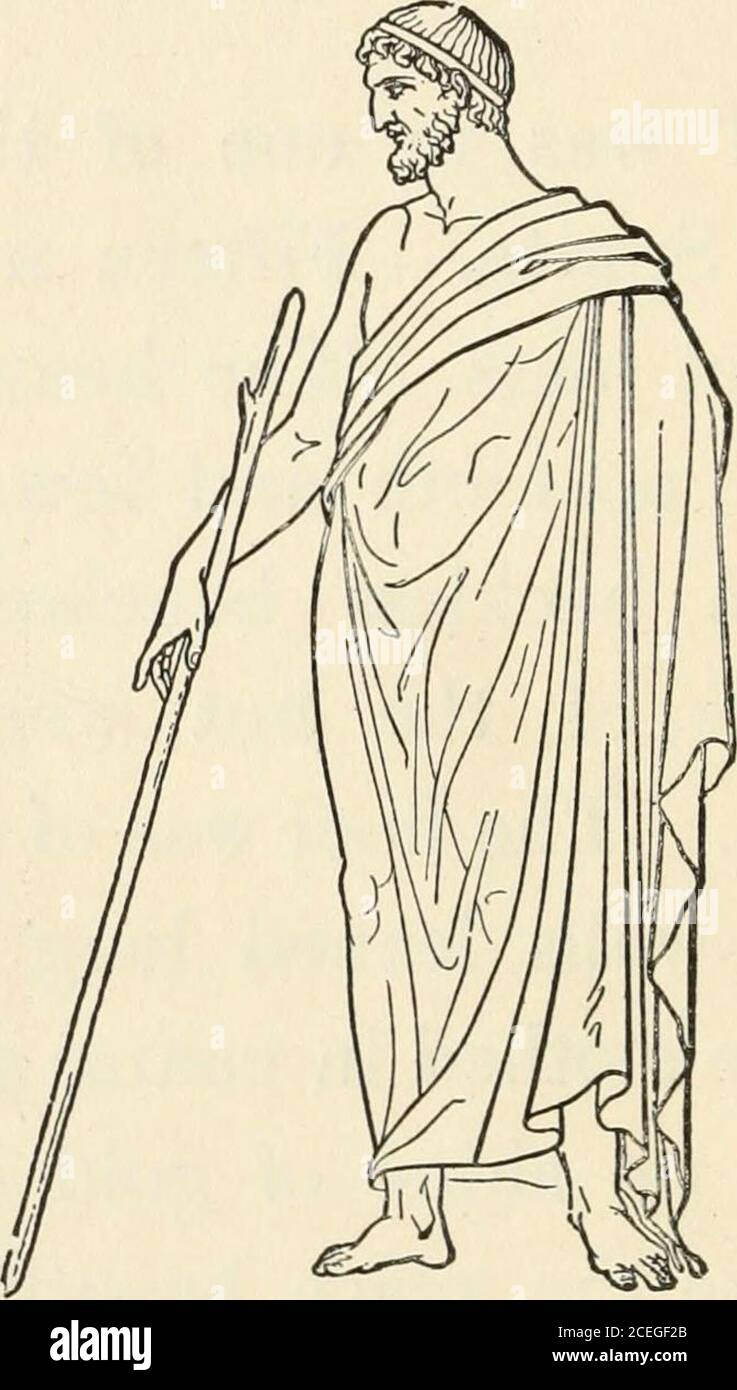 . Men of old Greece, by Jennie Hall. GREEK COSTUME The youth wears a short chiton under a chlamys or cloak;the man is wearing a himation As all eyes turned upon Lysander, heflushed and looked hard into his red bowlof broth. Three nights ago he went hunting on Leonid ax 13 * * Mount Taygetus, the old man went on.During the night Cleombrotus happened to pass by a deep rock-pit. lie saw some-thing move down there, and he called outHello! Nobody answered. He peereddown and saw that it was a man in thepit. A bad fall, said Cleombrotus. 4Iwill let down my hunting net and pull youout/ The answer came Stock Photo