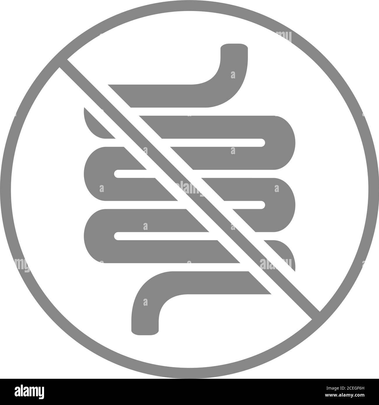 Intestine with prohibition sign grey icon. Transplantation, amputation internal organ symbol. Stock Vector