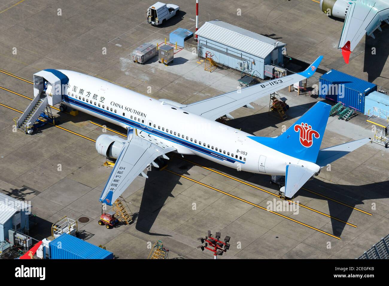 China Southern Airlines Boeing 737 outside Boeing Factory at Renton Municipal Airport, WA, USA. China Southern Airline 737-800 before delivery. Stock Photo