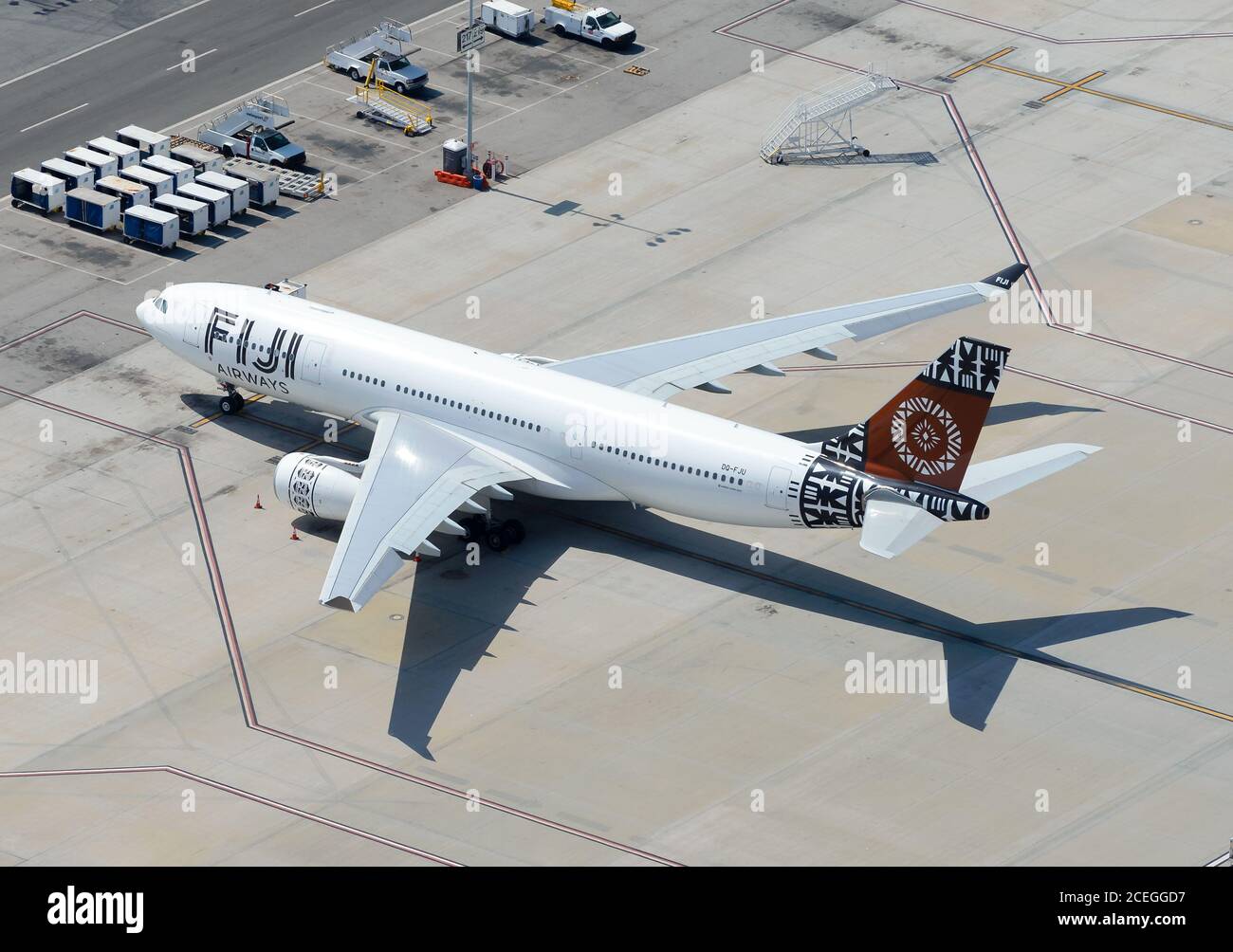 Fiji Airways Airbus A330 parked at Los Angeles International Airport. Airbus A330-200 DQ-FJU of airline from Fiji. Airline from the Pacific. Stock Photo