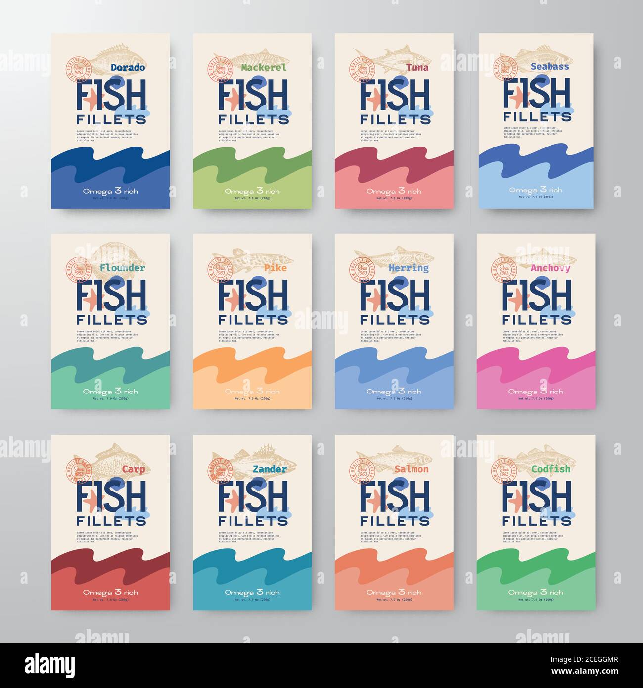 Fish Fillets Labels Collection Abstract Vector Fish Packaging Design Or Cards Series Modern Typography And Hand Drawn Fishes Silhouettes Background Stock Vector Image Art Alamy