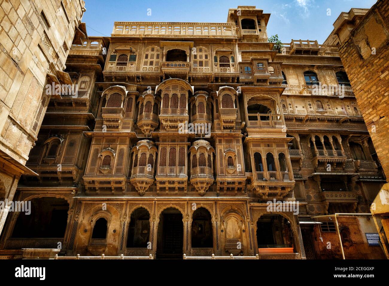 Jaisalmer, India - August 2020: Detail of the facade of the Patwa ki Haveli on August 21, 2020 in Jaisalmer, Rajasthan, India. Stock Photo