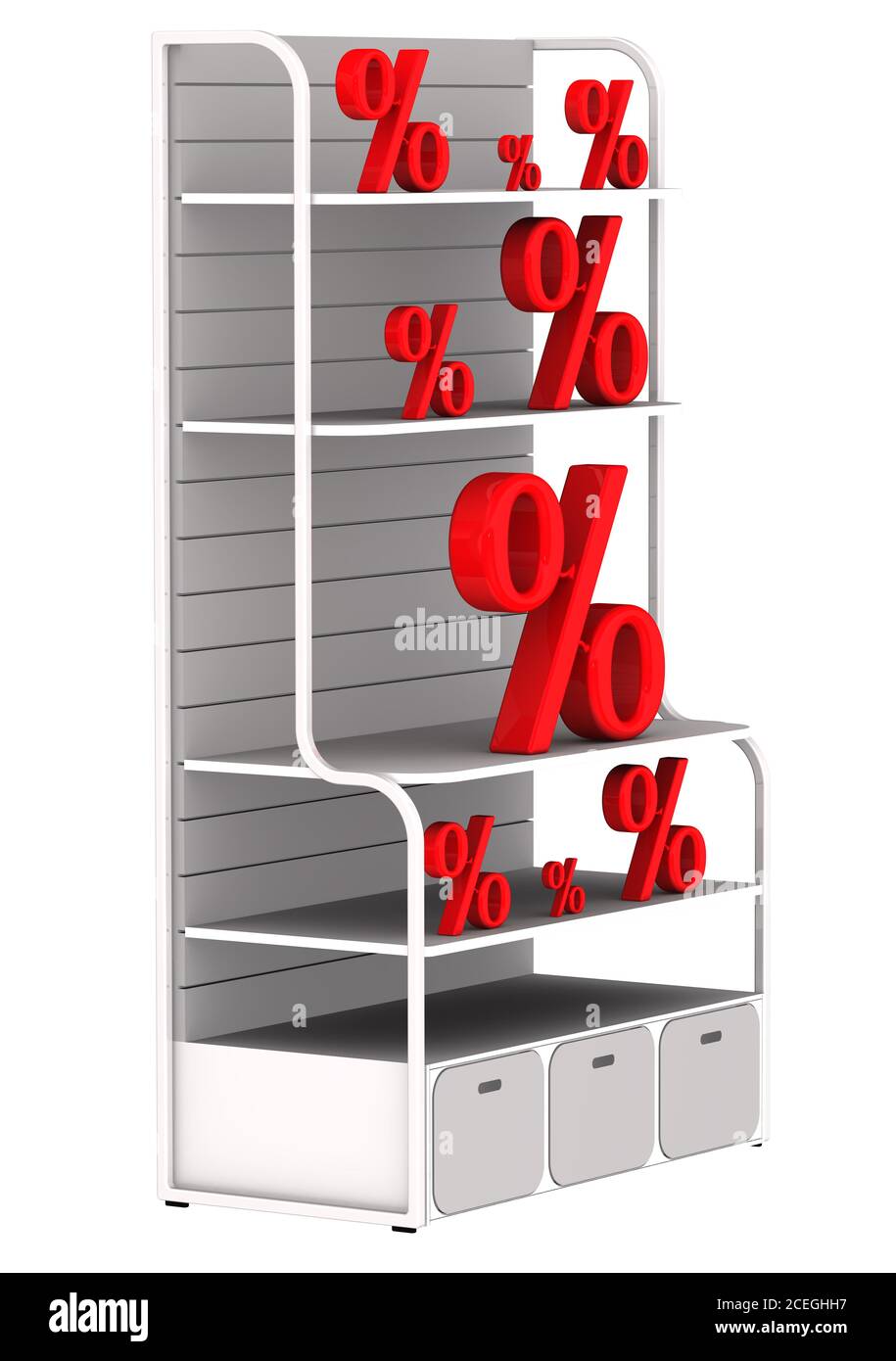 Trading rack with discounts. Shopping rack with red percent symbols on a white surface. Isolated