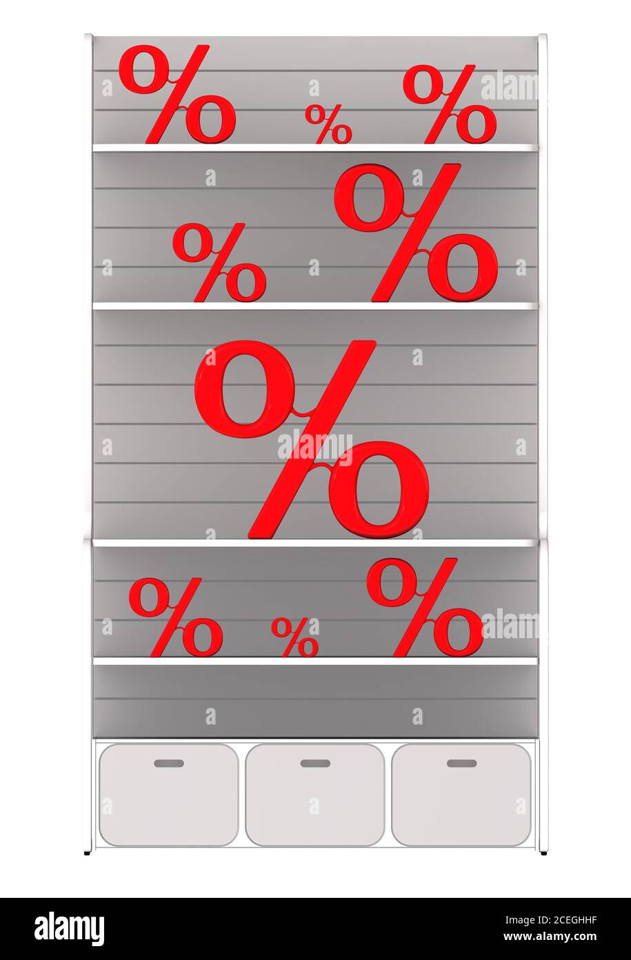 Trading rack with discounts. Shopping rack with red percent symbols on a white surface. Isolated