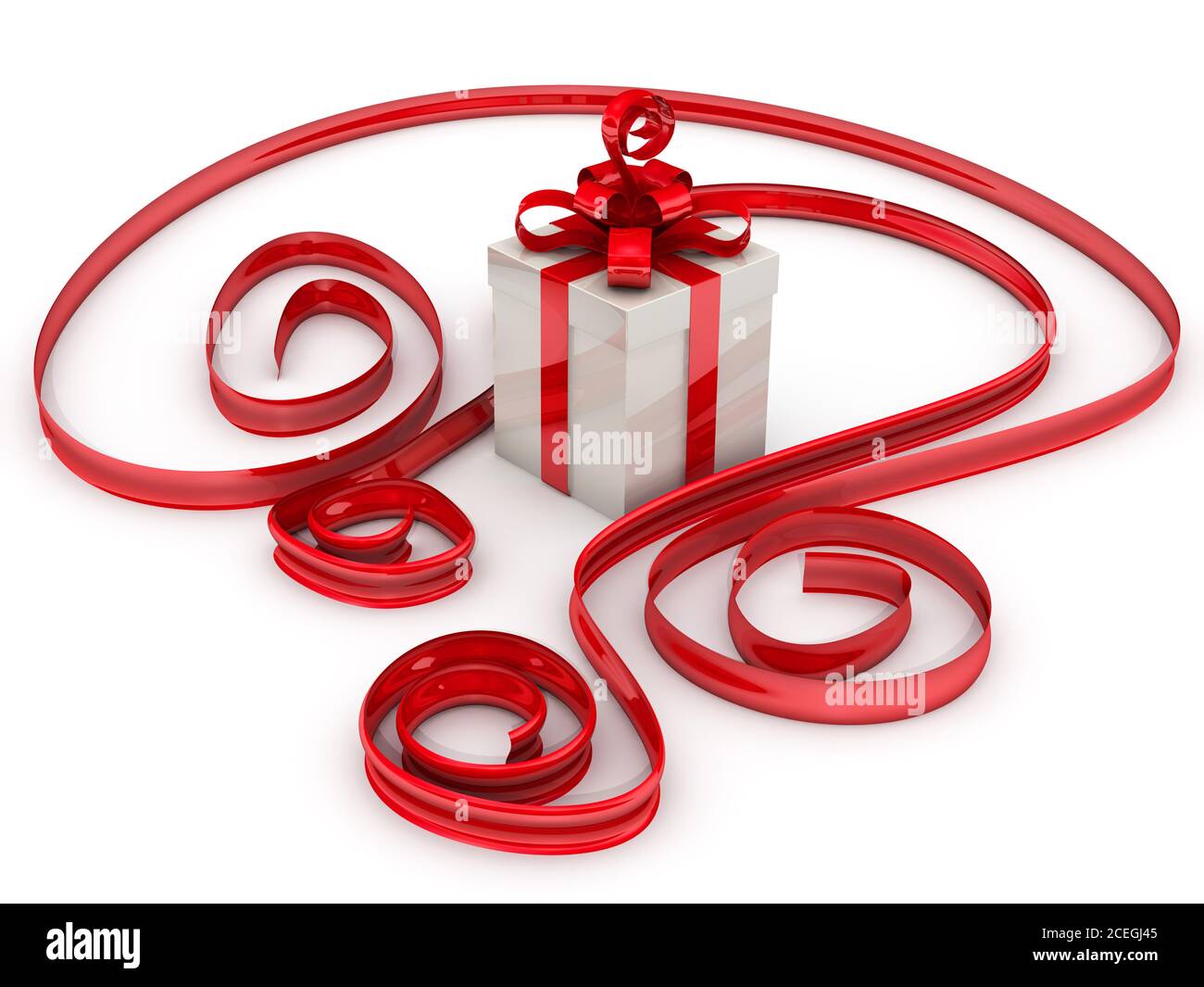 Gift box with scarlet ribbon. One white gift box with scarlet ribbon on