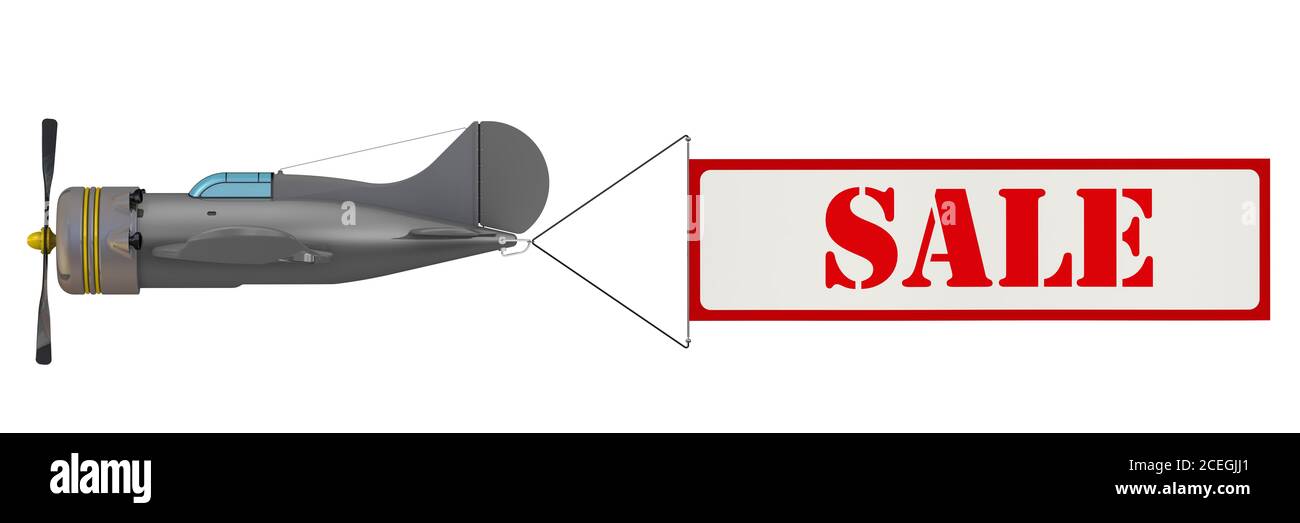 Airplane with sale advertising banner. Grey propeller plane in flight
