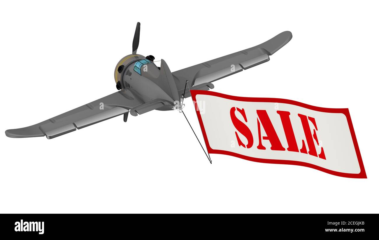 Airplane with sale advertising banner. Grey propeller plane in flight