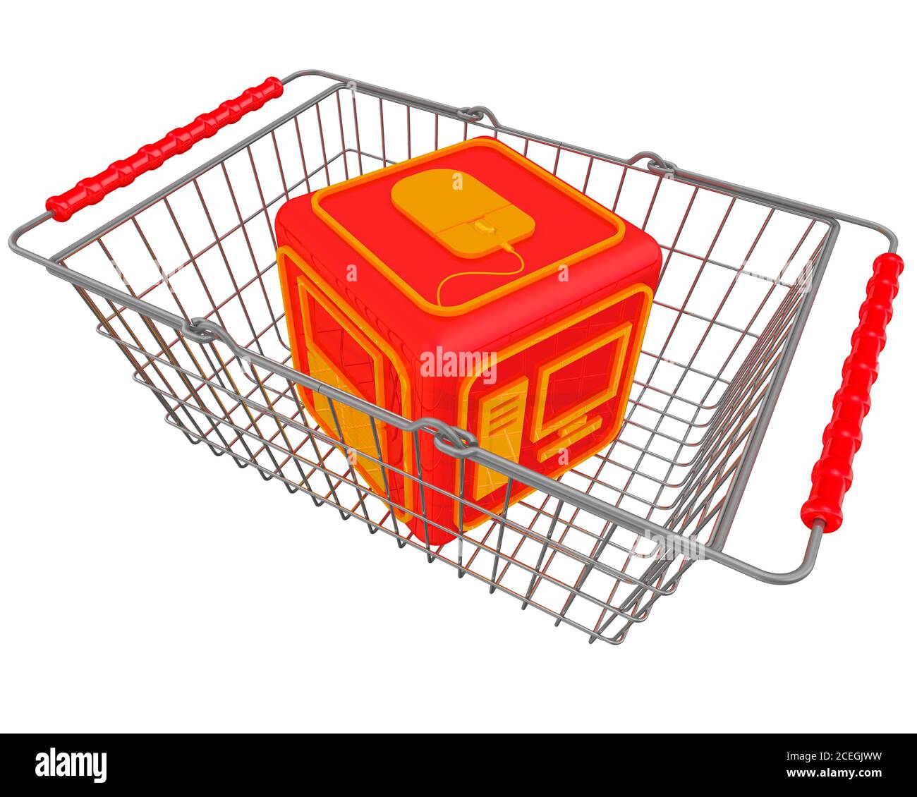 Purchase of computer equipment. One red cube with symbols of computer equipment lies in the