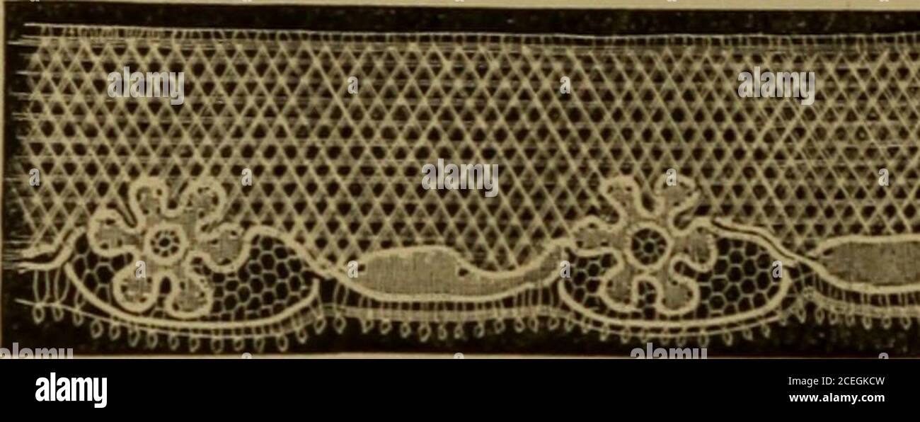 . History of lace. Baby Lace—(Bucks.) considerable quantities, until the expertness of the smuo^glerand the cessation of the war caused it to be laid aside. One-third of the lace-workers of Northampton were 2 c 2 M HI STORY OF LACE employed, previous to the introduction of macliine-madenet, in making quillings on the pillow. During the Eegency, a point lace, with the cloth or toile on the edge, for many years was in fashion,and, in compliment to the Prince, was named by the loyalmanufacturers Regency Point. It was a durable andhandsome lace (Fig. 145). Fi. 143. • • • 4A».».i%»■»»*• • • »**«* * Stock Photo