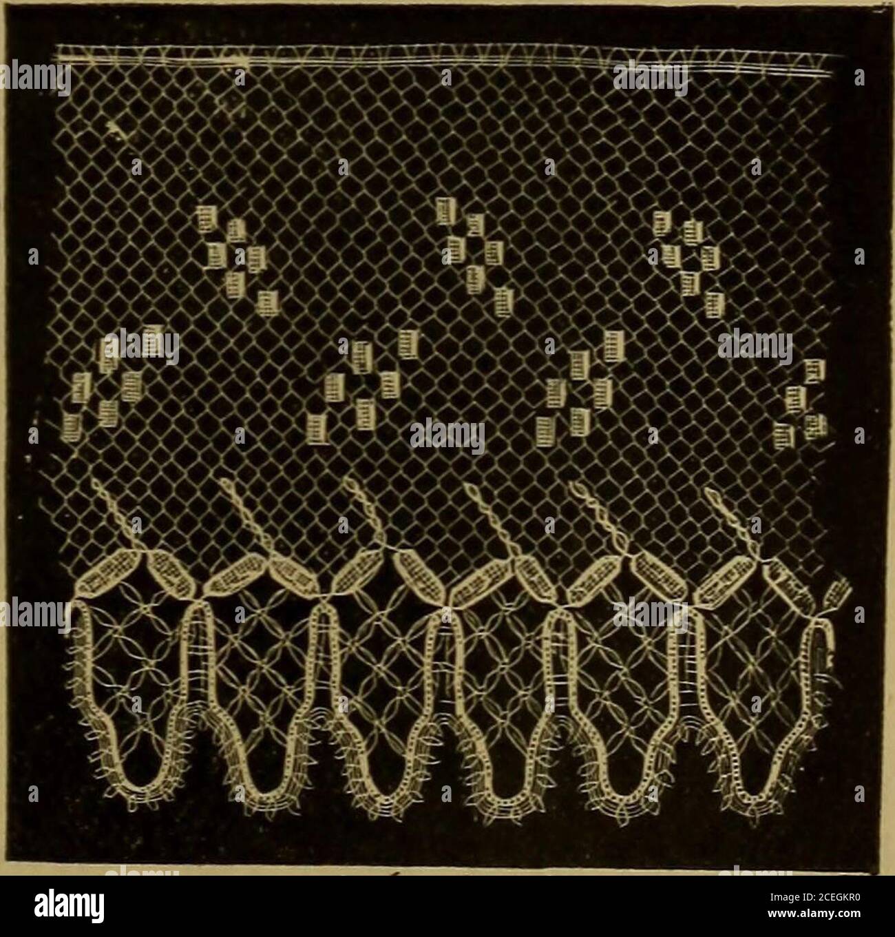 . History of lace. Baby Lace.—(Beds.. Baby Lace—(Bucks.) considerable quantities, until the expertness of the smuo^glerand the cessation of the war caused it to be laid aside. One-third of the lace-workers of Northampton were 2 c 2 M HI STORY OF LACE employed, previous to the introduction of macliine-madenet, in making quillings on the pillow. During the Eegency, a point lace, with the cloth or toile on the edge, for many years was in fashion,and, in compliment to the Prince, was named by the loyalmanufacturers Regency Point. It was a durable andhandsome lace (Fig. 145). Fi. 143. • • • 4A».».i Stock Photo