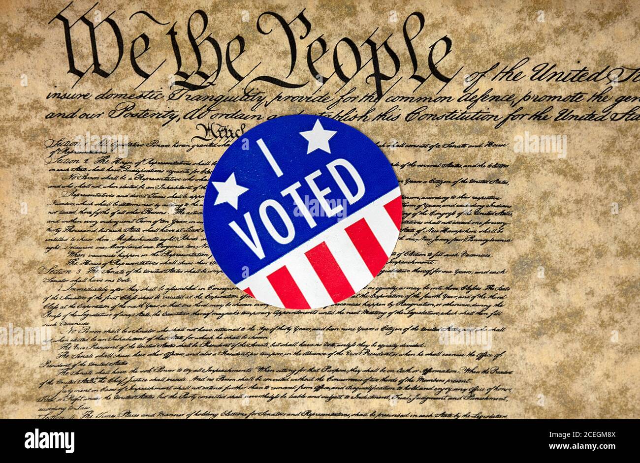 American voting sticker on United States Constitution document Stock Photo