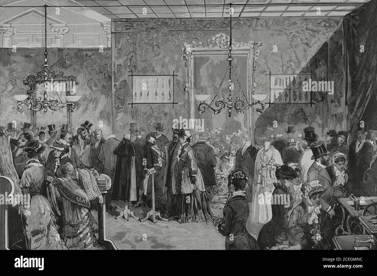 Spain, Madrid. Exhibition of men's clothing, held by the Society of Master Tailors (Sociedad de Maestros de Sastre) 'La Confianza'.  It took place at the end of November 1881. Hall where the competition was held. Engraving by Bernardo Rico (1825-1894). La Ilustracion Española y Americana, 1881. Stock Photo