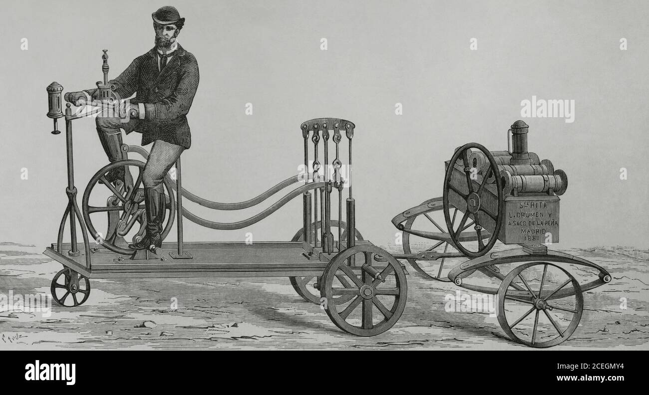 'Santa Rita, Animated Engine', 1881. Spain, Madrid. Motor vehicle. The inventors affirmed that one only man was enough to run the 'Santa Rita' engine for ten hours without experiencing fatigue, and that the speed on the roads could be 25 to 40 kilometres per hour. The engine worked without any type of fuel, using only mechanical action combined with its different parts. System invented by Luis Drumen and Angel Saco de la Peña. Engraving by Tomás Carlos Capuz (1834-1899). La Ilustracion Española y Americana, 1881. Stock Photo