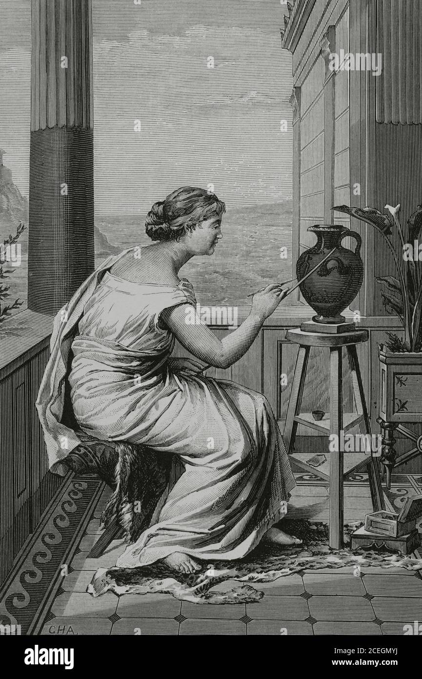 Ancient Greece. Young Greek girl painting a vase. Engraving by Vela after a painting by Germán Hernández Amores (1823-1894). La Ilustracion Española y Americana, 1881. Stock Photo