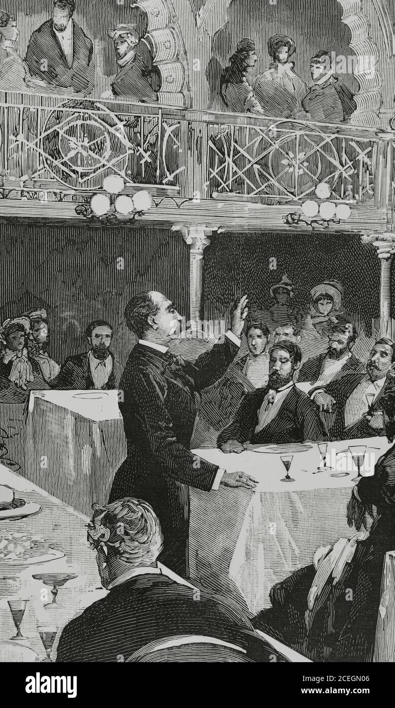 Segismundo Moret y Prendergast (1838-1913). Spanish politician. Spain, Madrid. Banquet of the Partido Democrático-Monárquico in the Theater of La Alhambra, November 14, 1881. Banquet held as a gift to the party leader, as a sign of support and to congratulate him on his parliamentary victory. Moret addressing the audience. Engraving by Bernardo Rico (1825-1894). Detail. La Ilustracion Española y Americana, 1881. Stock Photo