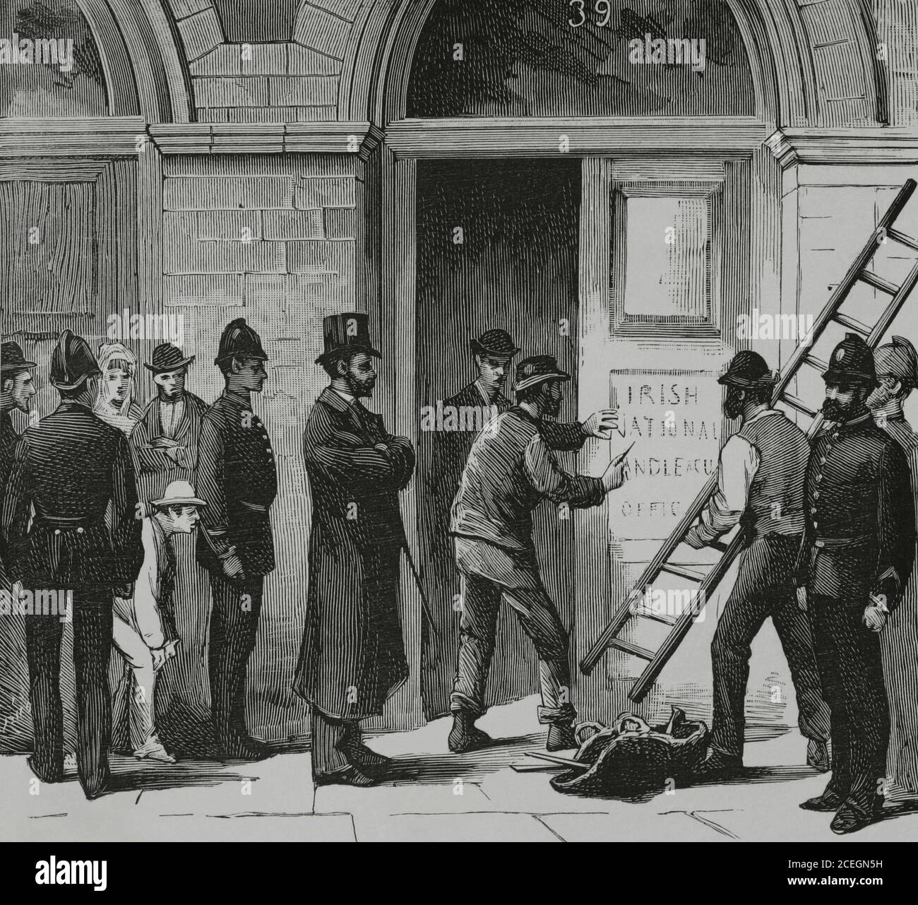 Ireland, Dublin. Agrarian agitation. Law enforcement officers removing the inscription from the door of the Irish National Land League office at Sackville Street 39. Engraving. La Ilustracion Española y Americana, 1881. Stock Photo