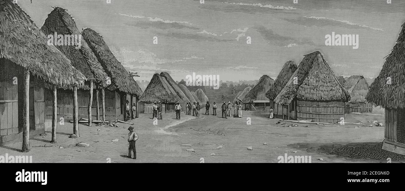First attempt to build a canal in Panama by a French company. 1881. Works for the construction of the Panama Canal. Main street of the Gorgona workers' station, between Name and Matachin. Engraving. La Ilustracion Española y Americana, 1881. Stock Photo
