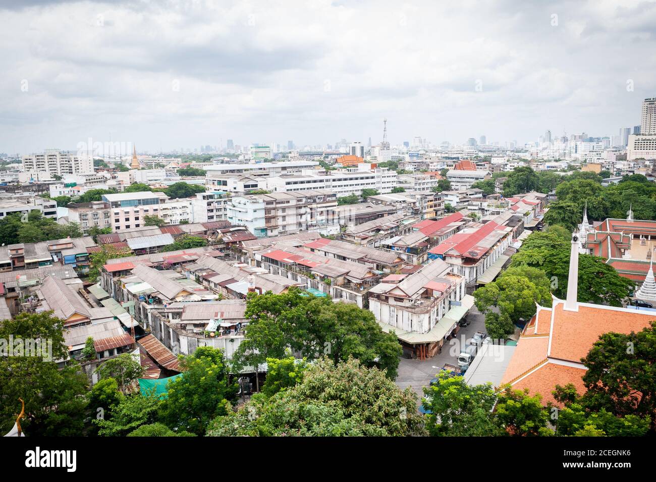 The view across Bangkok City, Thailand from the top of The Golden Mount Temple. Stock Photo