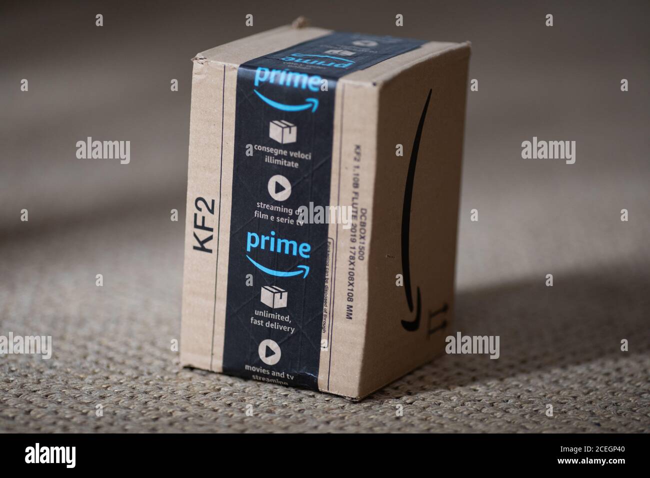 Amazon Prime Package delivery on a doormat. Stock Photo