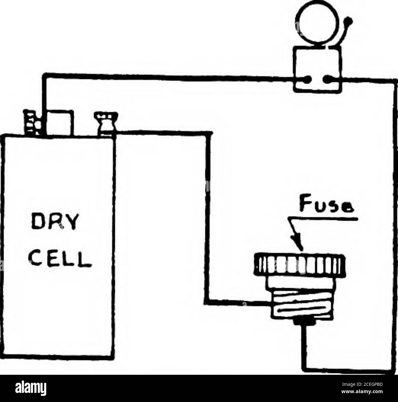 . Practical electricity for beginners. Fig. 33fuse. Cartridge FUSES AND THEIR PURPOSES 55. Fig. 34. Showing a simplemethod of testing a fuse. it with a good one. This can be done in any of several ways. A bell and a dry cell may be used, as in Fig. 34, in which case one wire is connected to the bell and the dry cell, and another to the bell only. This wire is then held in contact with the side of the fuse plug and the bottom of the plug is held in contact with the terminal of the dry cell, or connected as shown. If the bell rings, the fuse is good, but if it doesnt, the fuse has been blown. An Stock Photo
