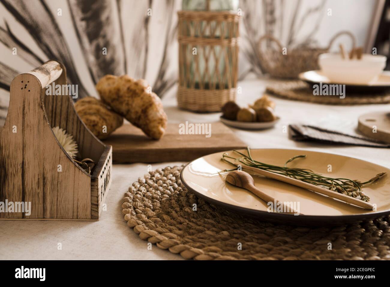 Natural crockery tableware. Dishes neutral tones, scandinavian style