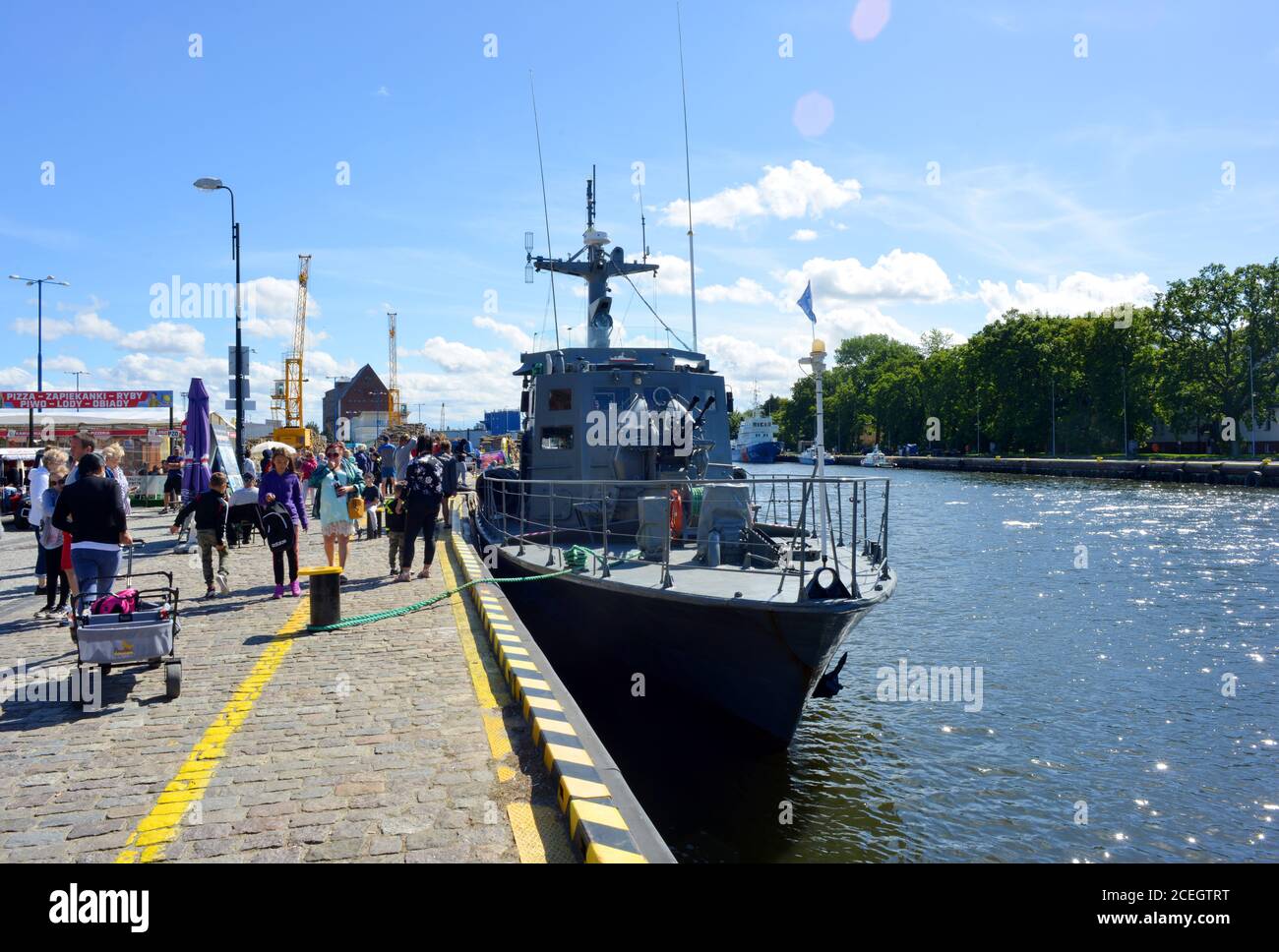 Kolobrzeg, Poland, a torpedo boat in the harbor for touristical sightseeing on the baltic sea Stock Photo
