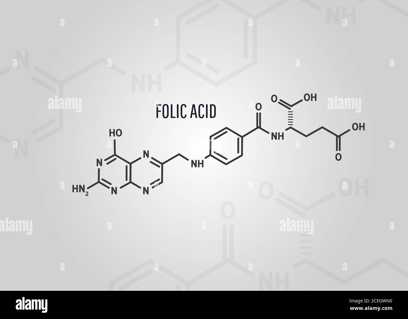 Folasi Folic acid or vitamin B9 chemical formula on a grey background.Vector ...