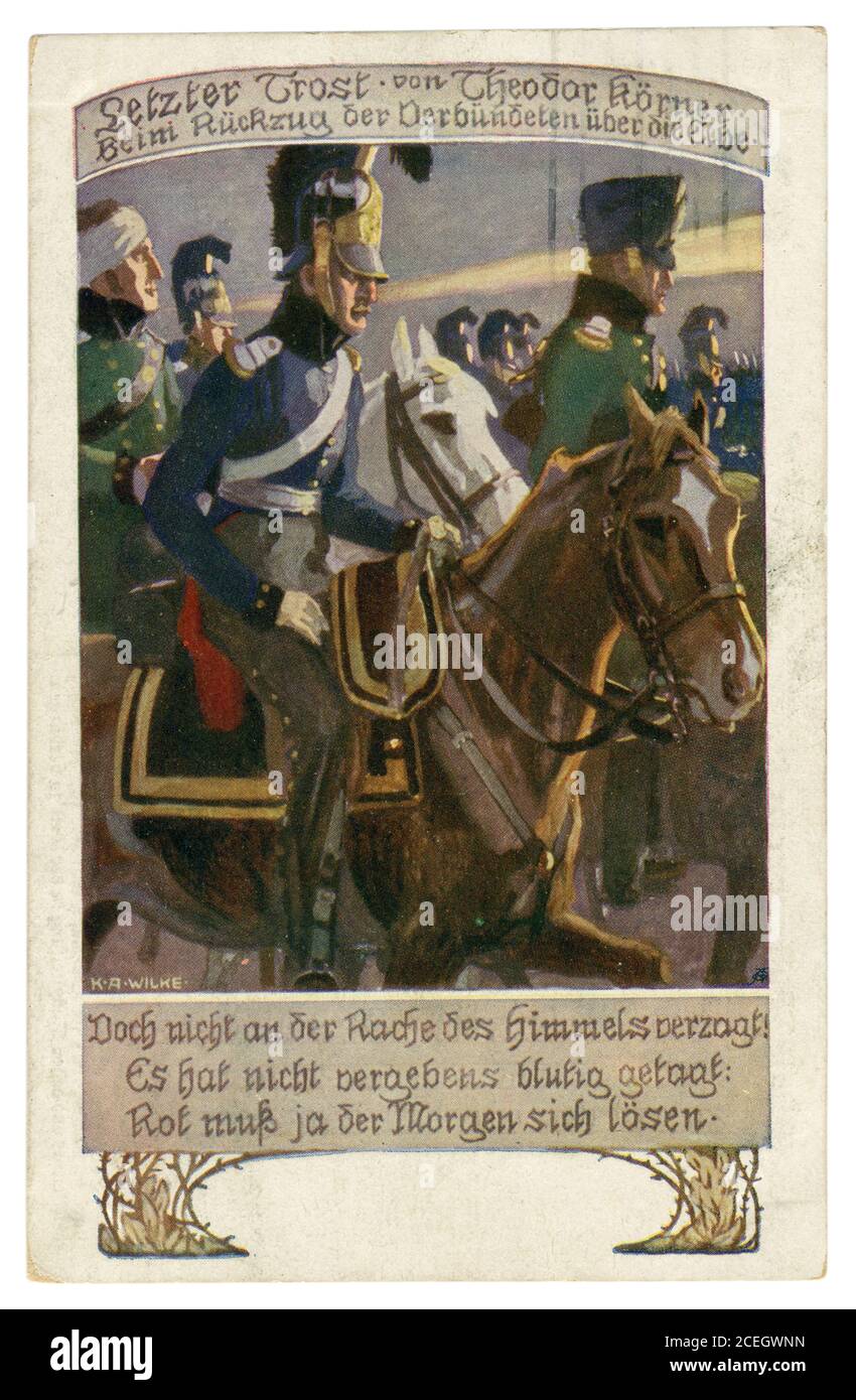 German historical postcard: Soldier and poet Theodor Körner, with a group of cavalrymen before his last battle at the Elbe river, Napoleonic War, 1813 Stock Photo