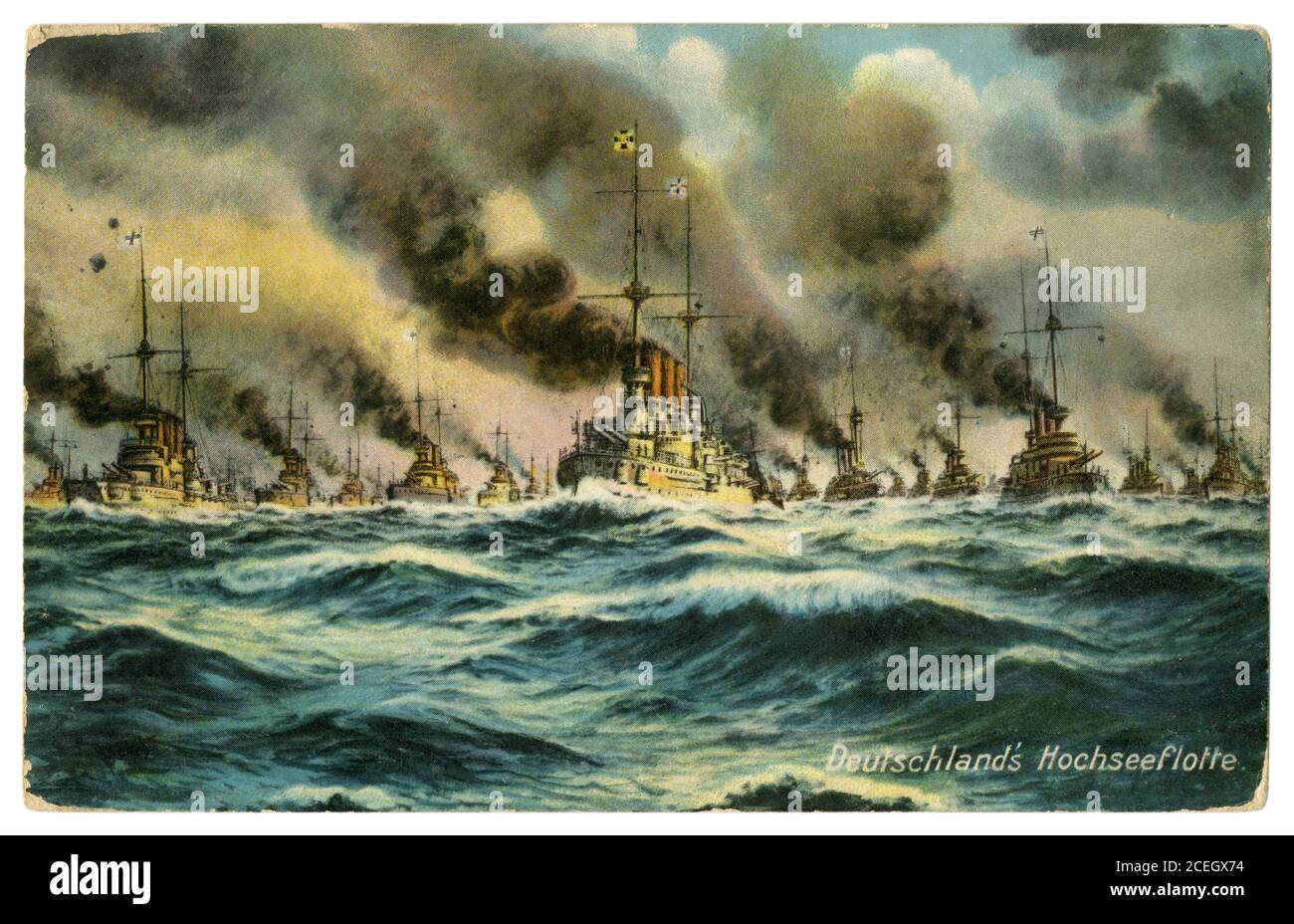 German historical postcard: An Armada of the Imperial German Navy (kaisermarine) sails through a stormy sea, German Empire, 1908 Stock Photo