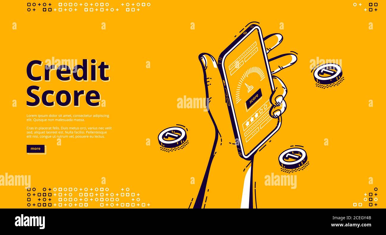 Credit score isometric landing page, bank consumer hand holding