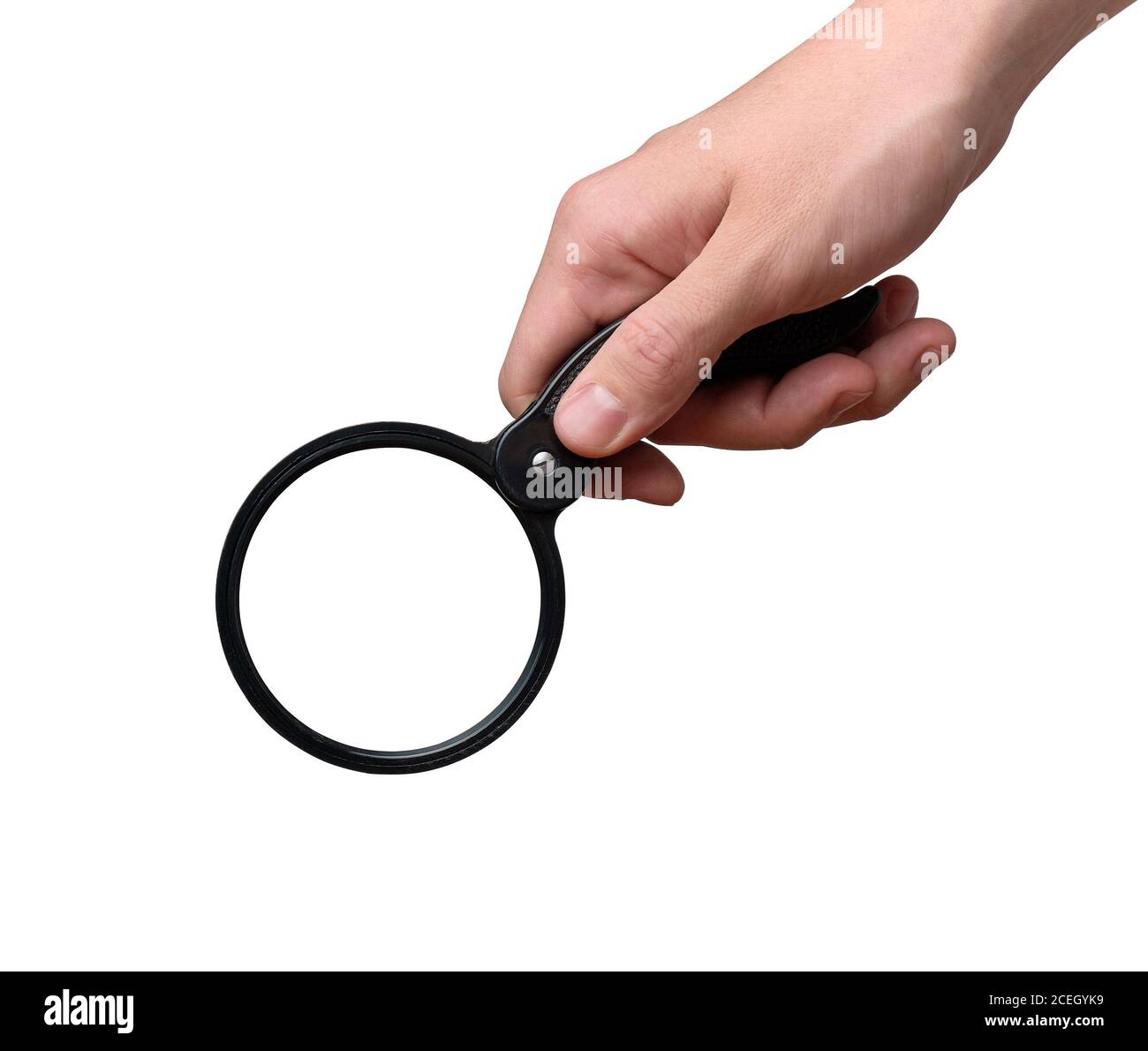 Hand holds a glass magnifier on a white background. Isolated Stock ...