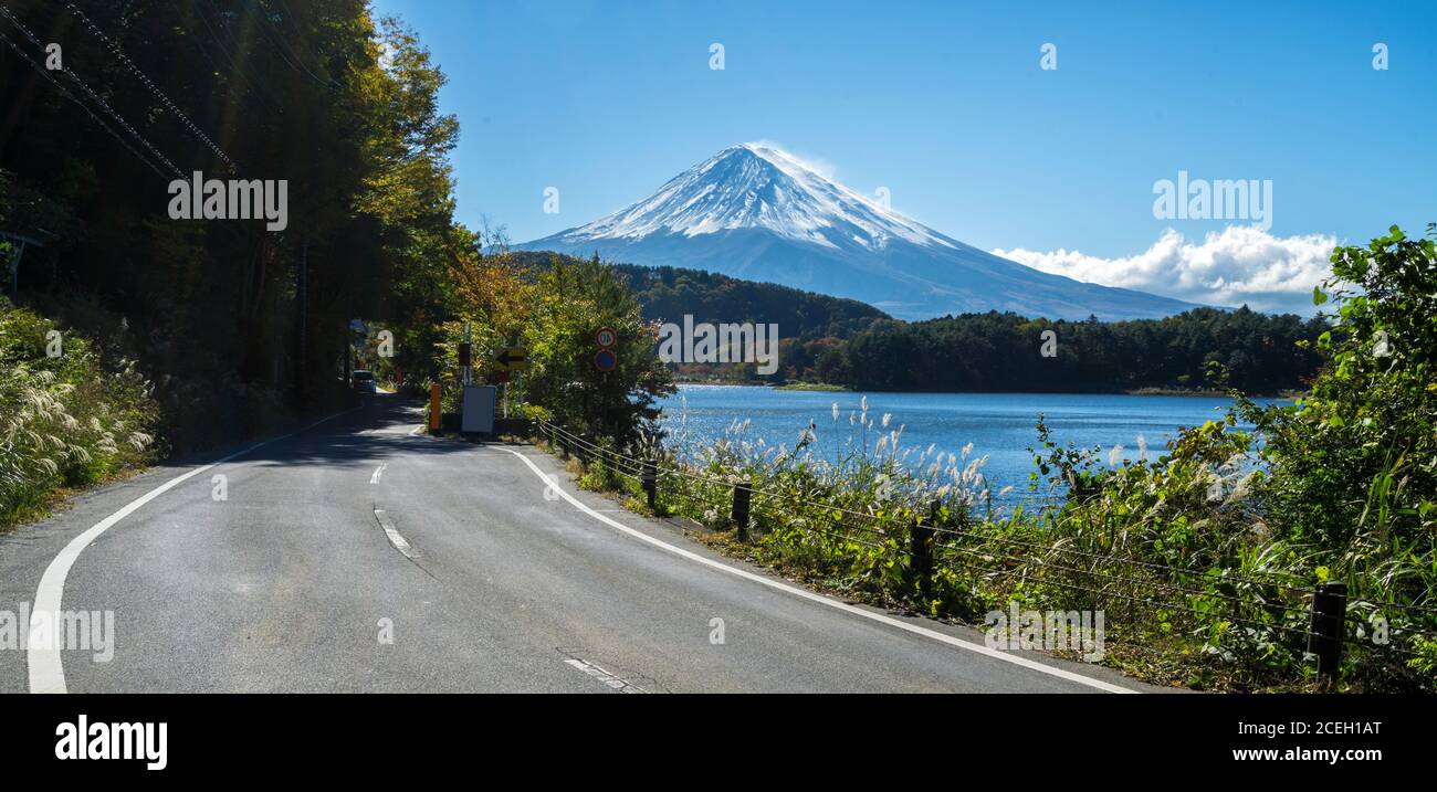 Mt Fuji in Japan and road at Lake Kawaguchiko Stock Photo