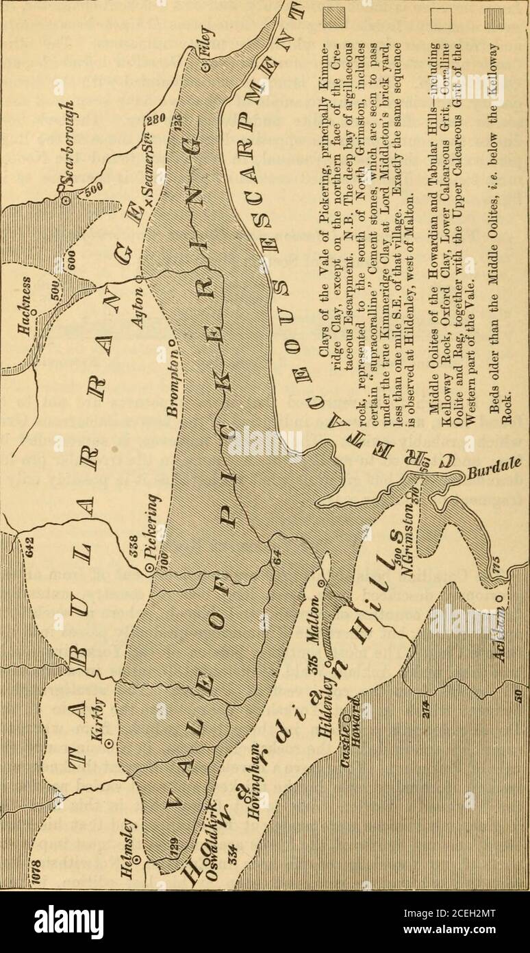 . The Quarterly journal of the Geological Society of London. Coral-lian area, under Acklam Wold, is distant 130 miles in a directionN. by W. from the coral reef at Upware. The stratigraphicalfeatures which in East Yorkshire characterize the whole of theJurassic deposits are seen in these beds, which, from whatevercause, are grouped, like the rocks below them, in a basin round thevale of Pickering. They have a development of great thickness andvariety, unequalled even by the thickest and most varied portion ofthe Weymouth district. We do not forget that in this area theoriginal subdivisions wer Stock Photo