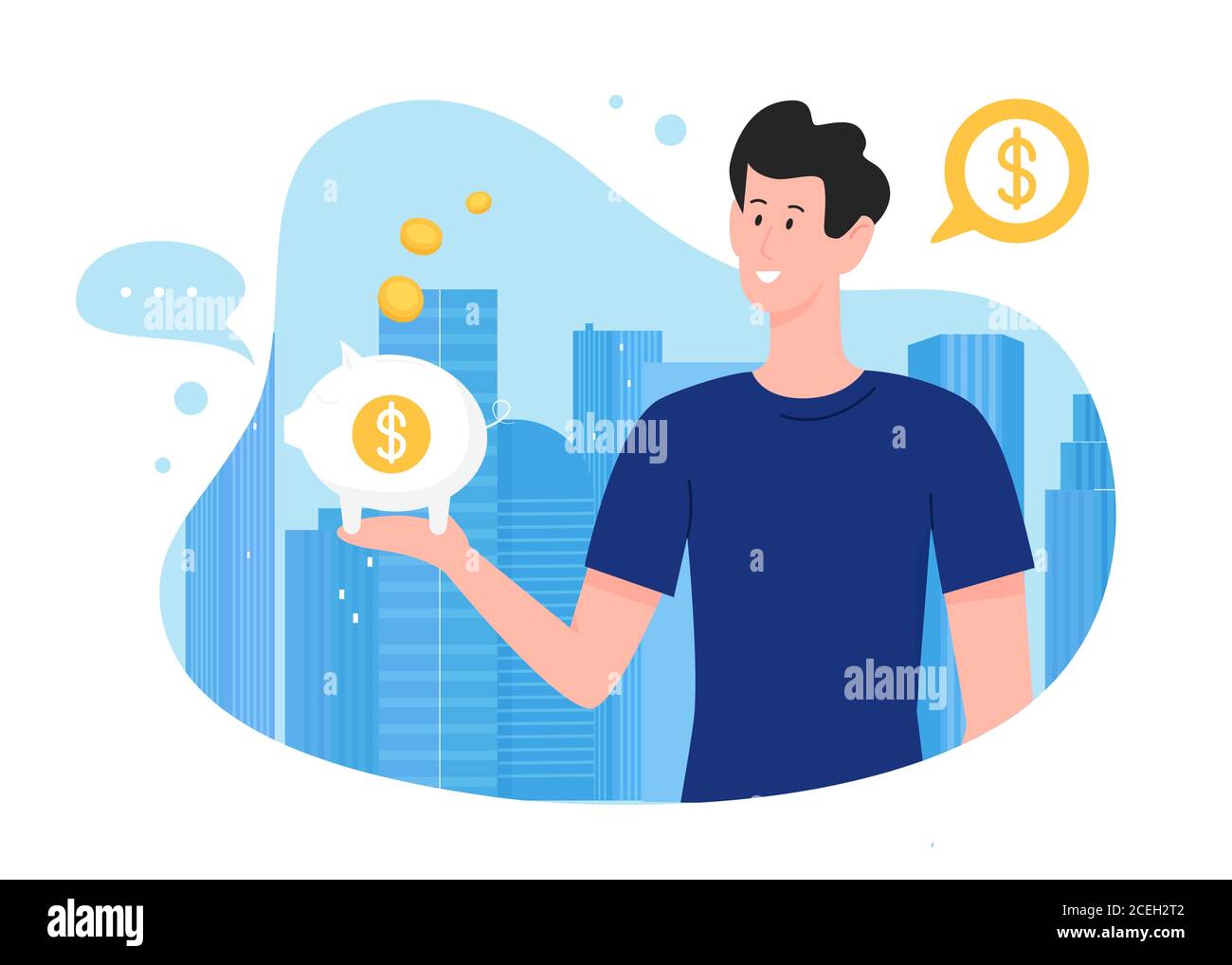Save money vector illustration. Cartoon flat happy man investor character holding moneybox piggy bank in hand, saving or accumulating gold coins, financial investments isolated on white Stock Vector