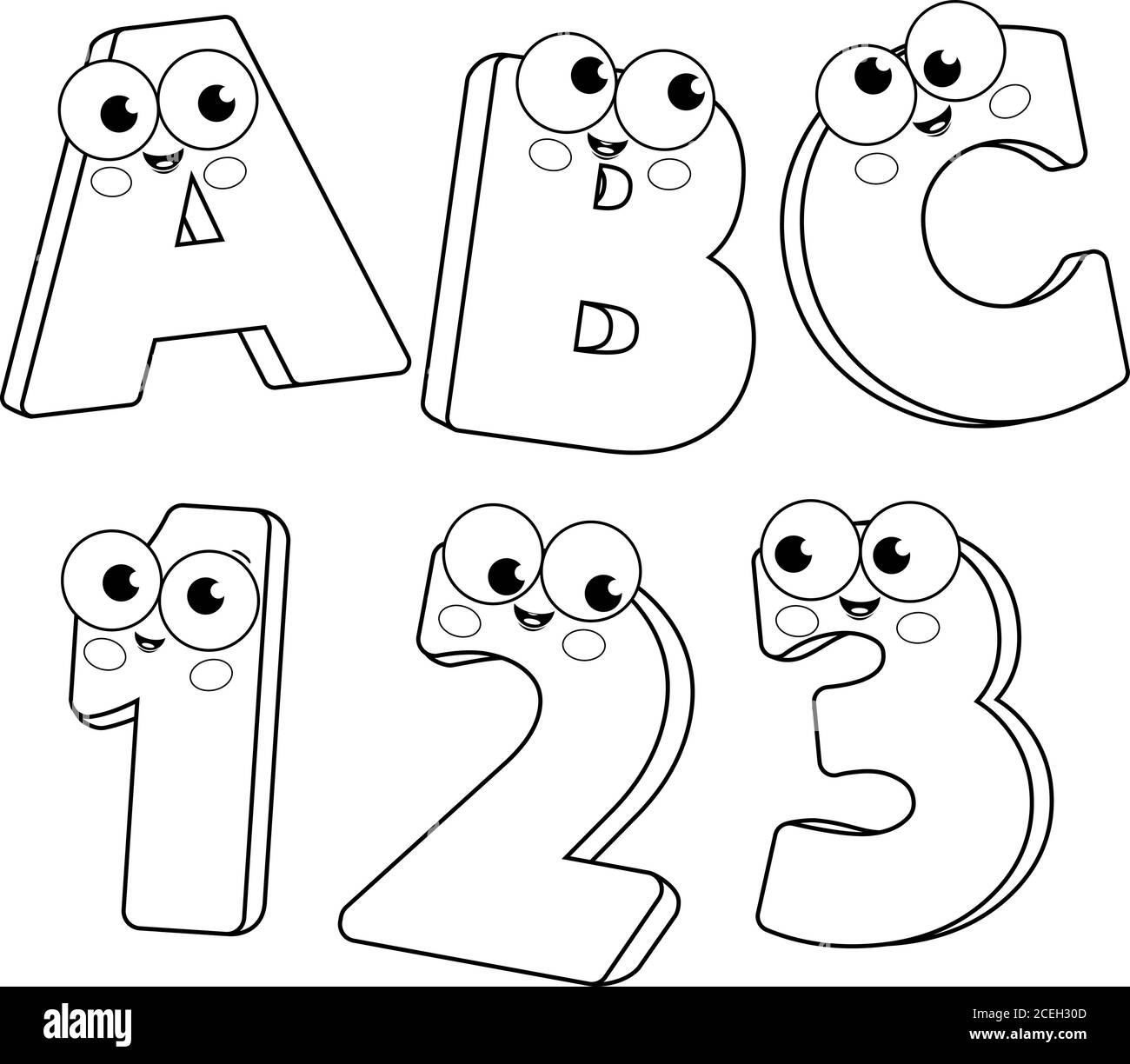 Cartoon letters and numbers. Vector black and white coloring page Stock  Vector Image & Art - Alamy