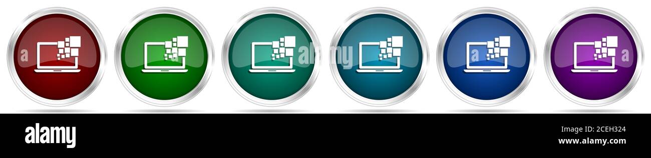Laptop, notebook, computer icons, set of silver metallic glossy web ...